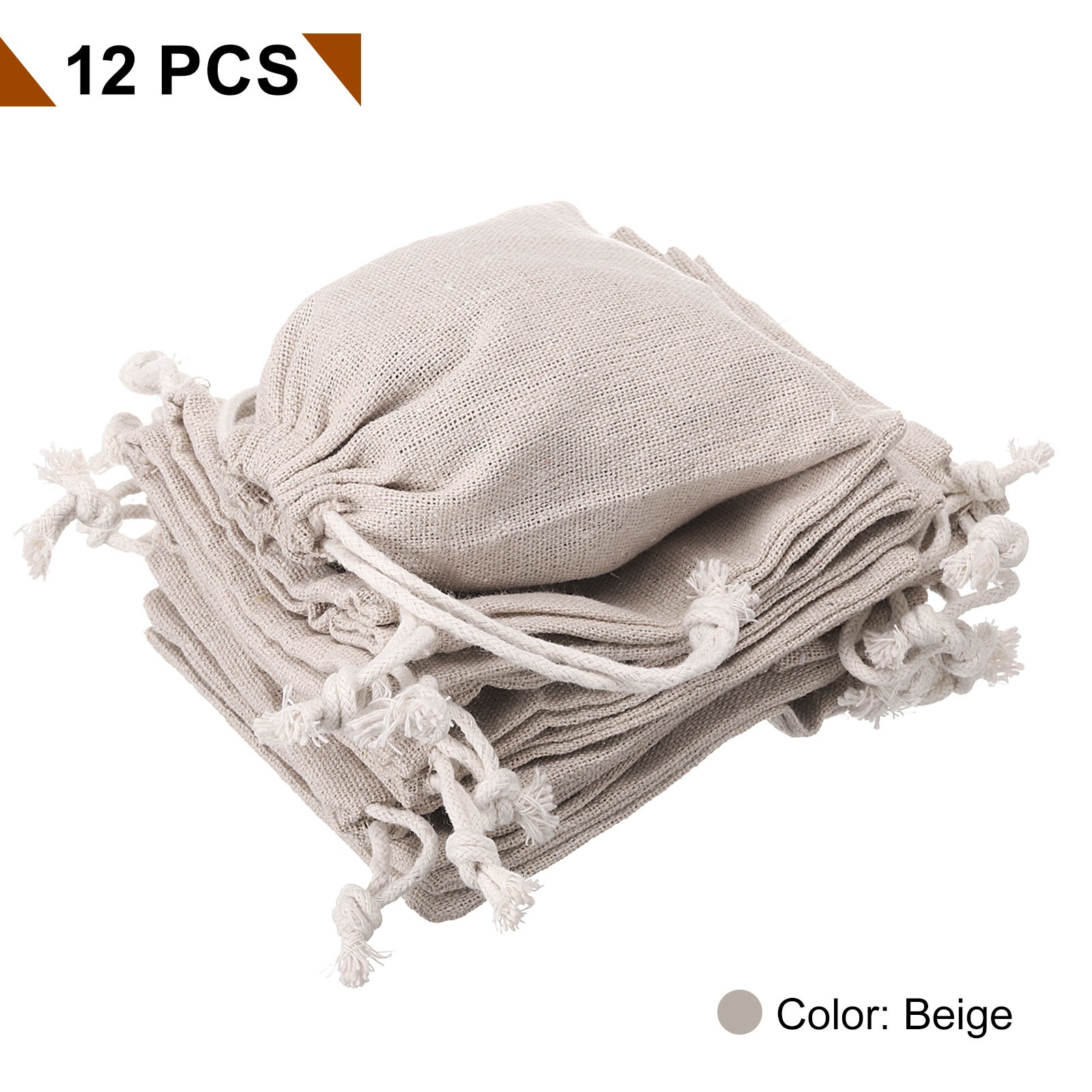 12pcs Cotton Storage Bags 3.9″ x 4.7″ Canvas Drawstring Bag, Beige