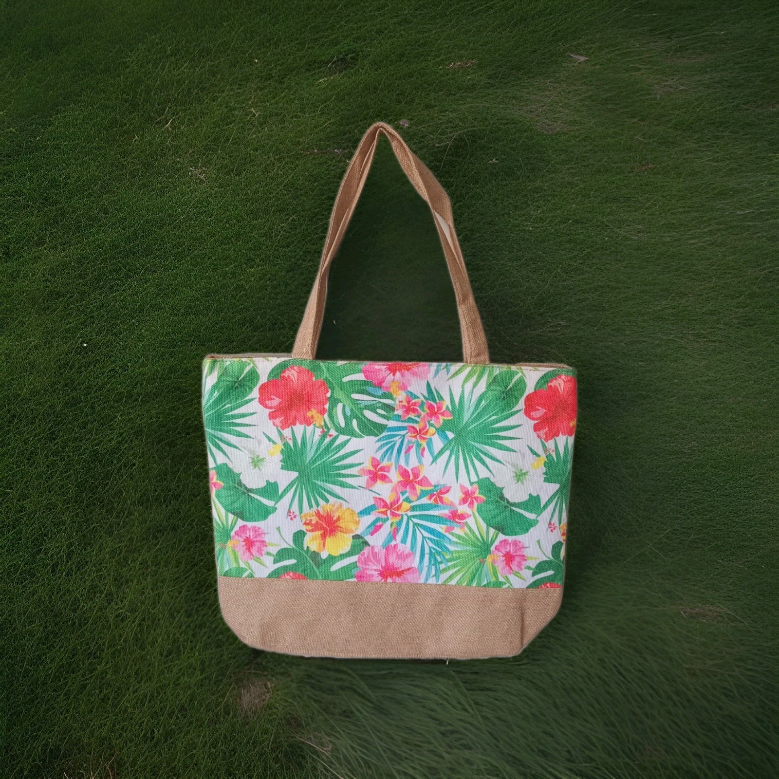 Multicolor Leaf Print Polyester Tote Reusable Bag Beige Handles green leaves.