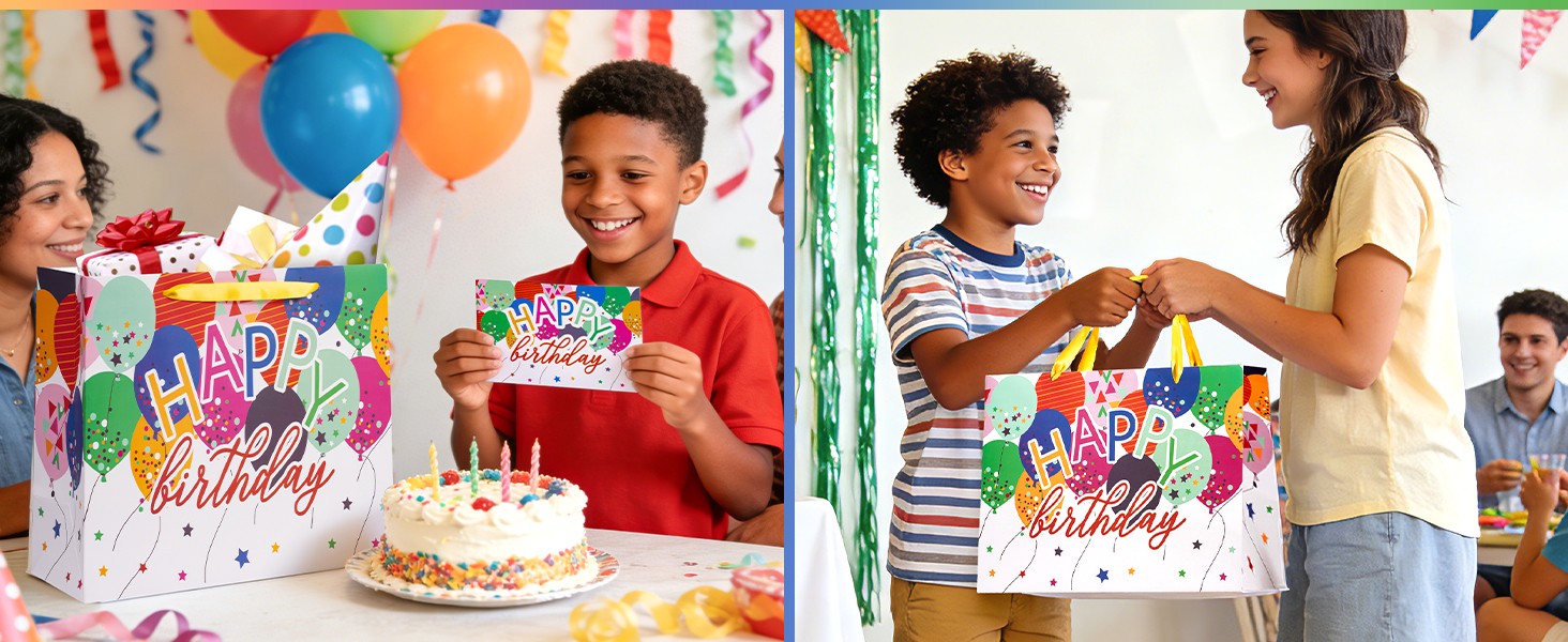 13″ Large Birthday Bag with Card and Tissue Paper – Colorful Balloons and Happy