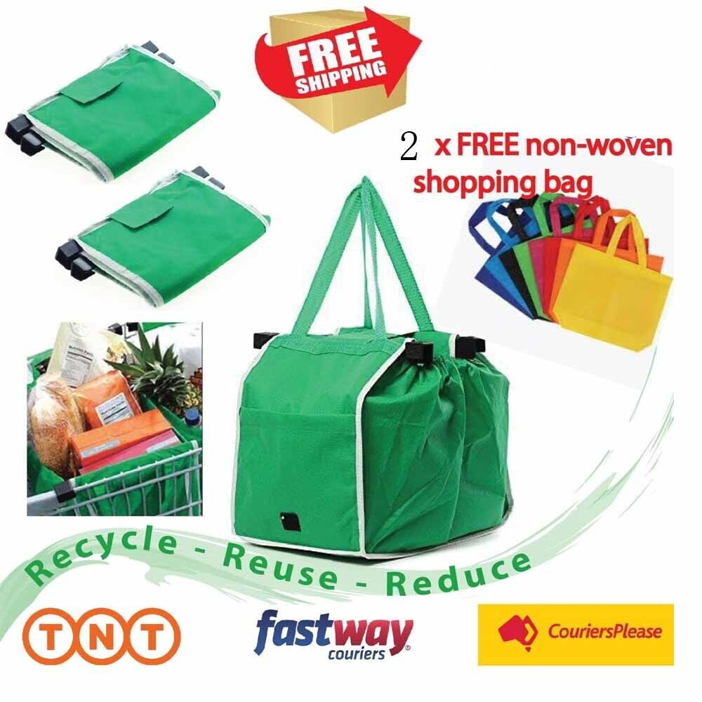 2x Grab Bag REUSABLE Clip To Cart SHOPPING Container Bags STORAGE CARRY GROCERY