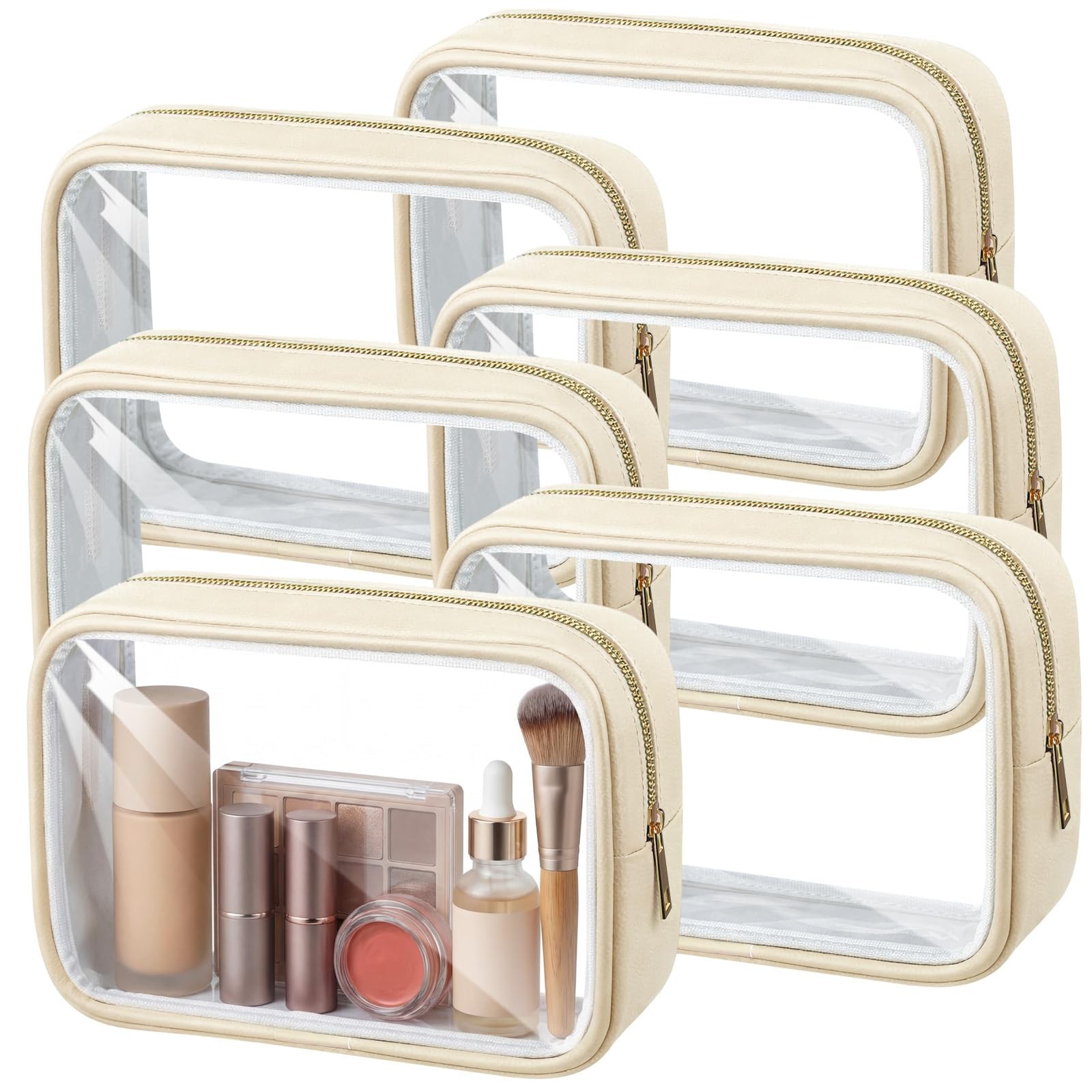 Abbylike 6 Pcs Clear Makeup Bags Bulk PU 7.87 x 5.12 x 2.56 inches, Beige