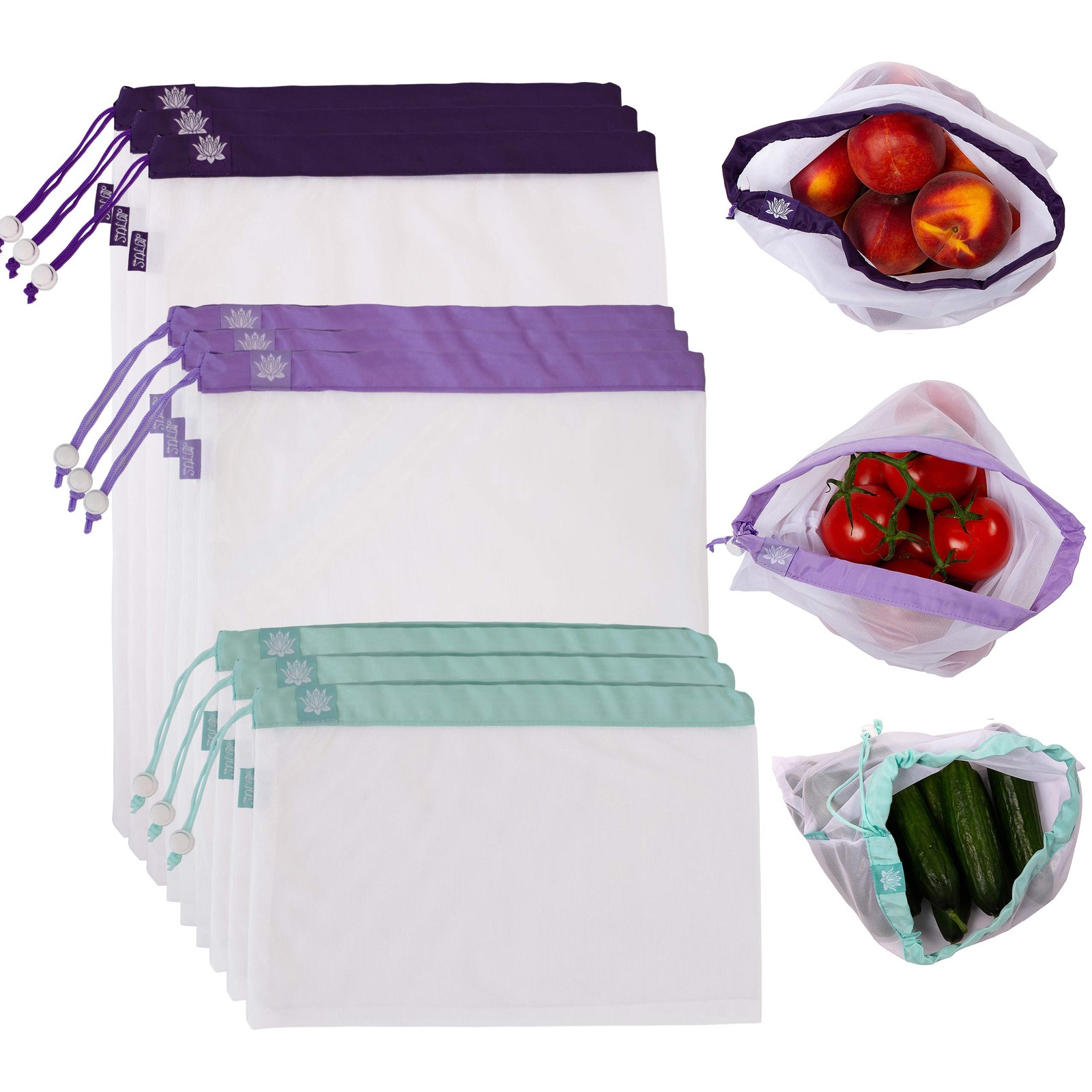 Lotus Reusable Produce Bags Mesh (9 Pack) – Premium 9 Pack, White