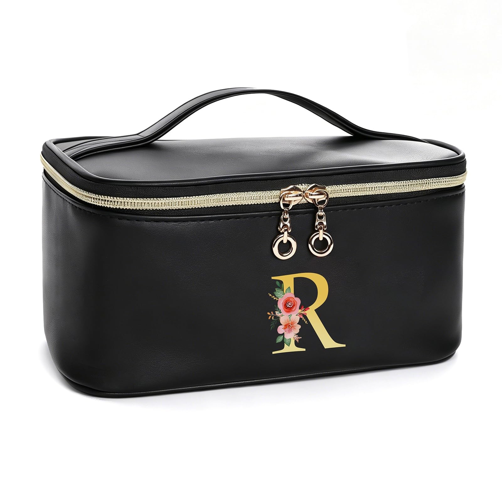 Initial Makeup Bag for Women, Personalized Cosmetic with Letter R, BLACK