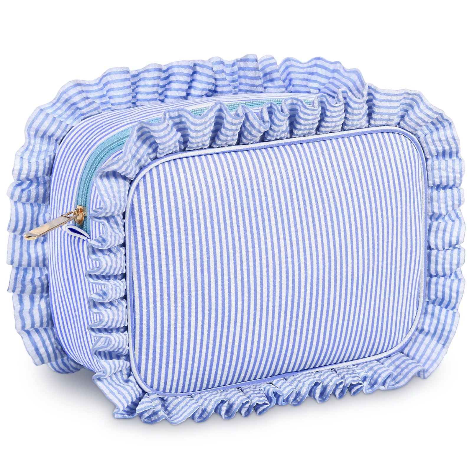 Sanwuta Seersucker Ruffle makeup bag 8.4 X 5.9 x 3.5 inches, Light Blue
