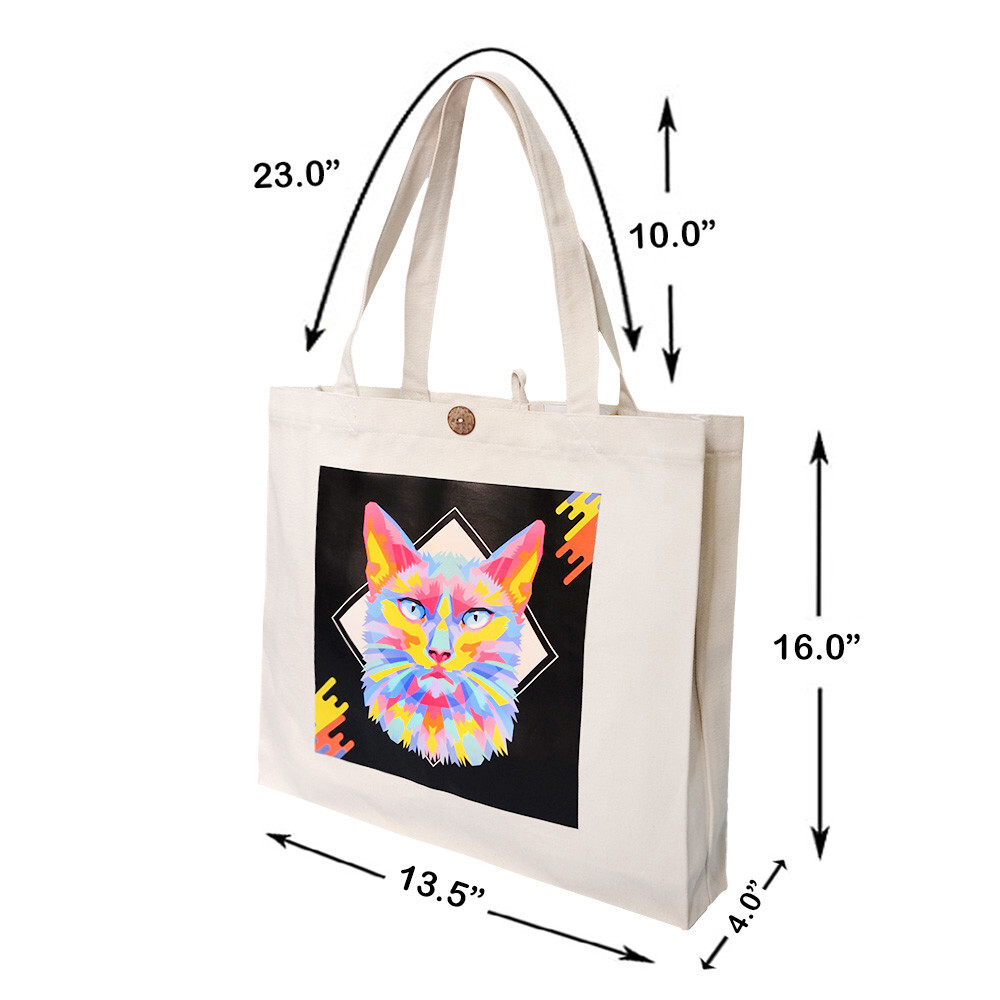16″L x 14″H Reusable Canvas Cat Tote Bag,Grocery Bag,Beach Bag,Shopping Bag