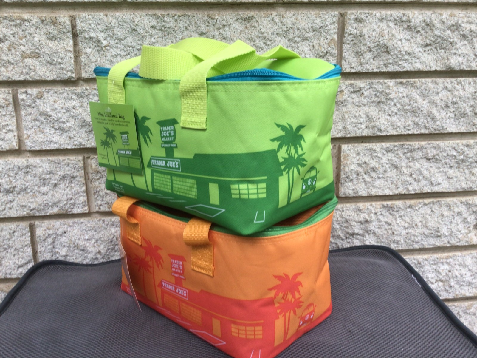 Set of TWO Trader Joe’s Mini Insulated Tote Bags GREEN & ORANGE NWT! New Release