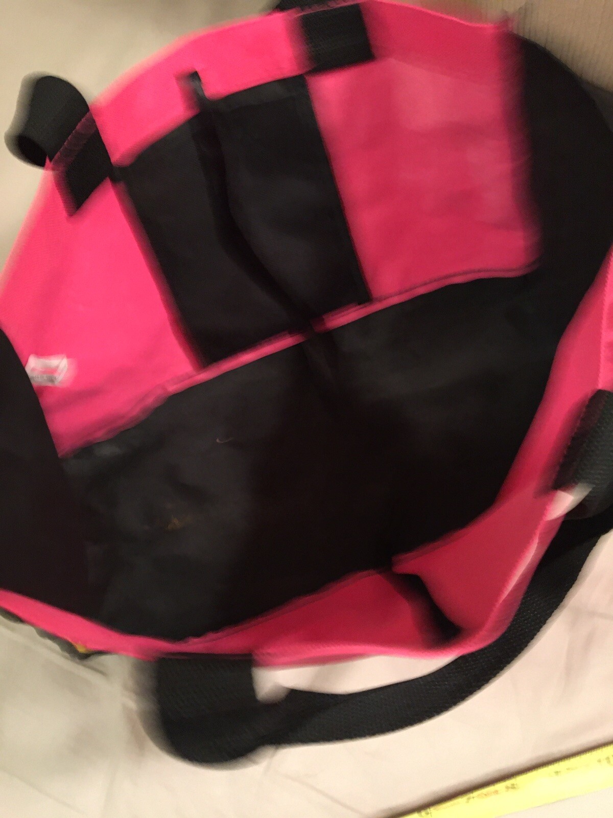 Pink & Black 2-handle Tote Reusable Bag, about 15” x 5” x 9” tall Nylon, stained