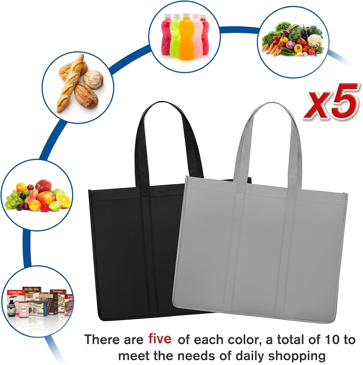 Reusable Grocery Shopping Bags 10 Pack Large Foldable Tote Bags Bulk, Eco Produc