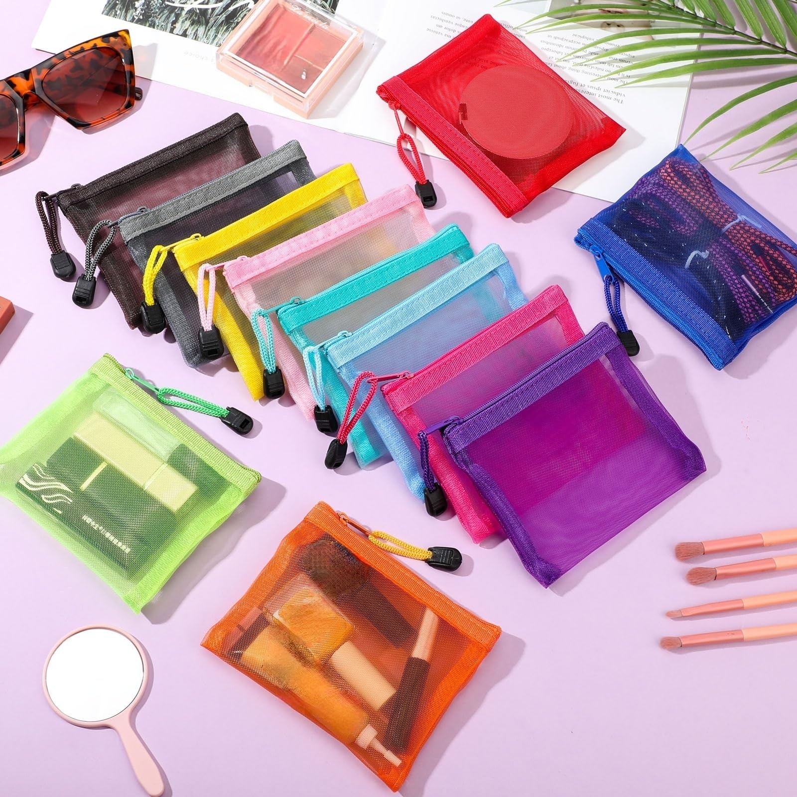 Jexine 24 Pcs Mini Zipper Mesh Bags Lipstick Cosmetic 5 x 4 Inch, Vivid Color