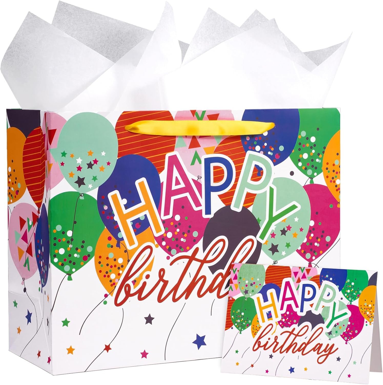13″ Large Birthday Bag with Card and Tissue Paper – Colorful Balloons and Happy