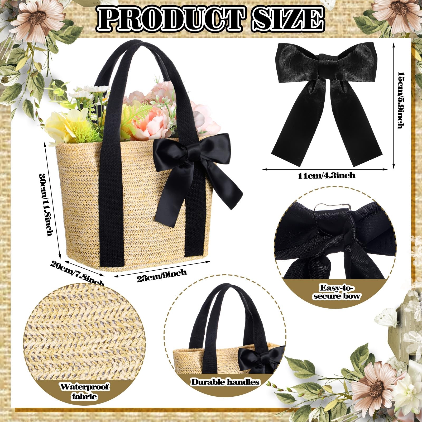 6 PCS Bridesmaid Straw Beach Bags Woven Burlap Tote Handle Ribbon Black