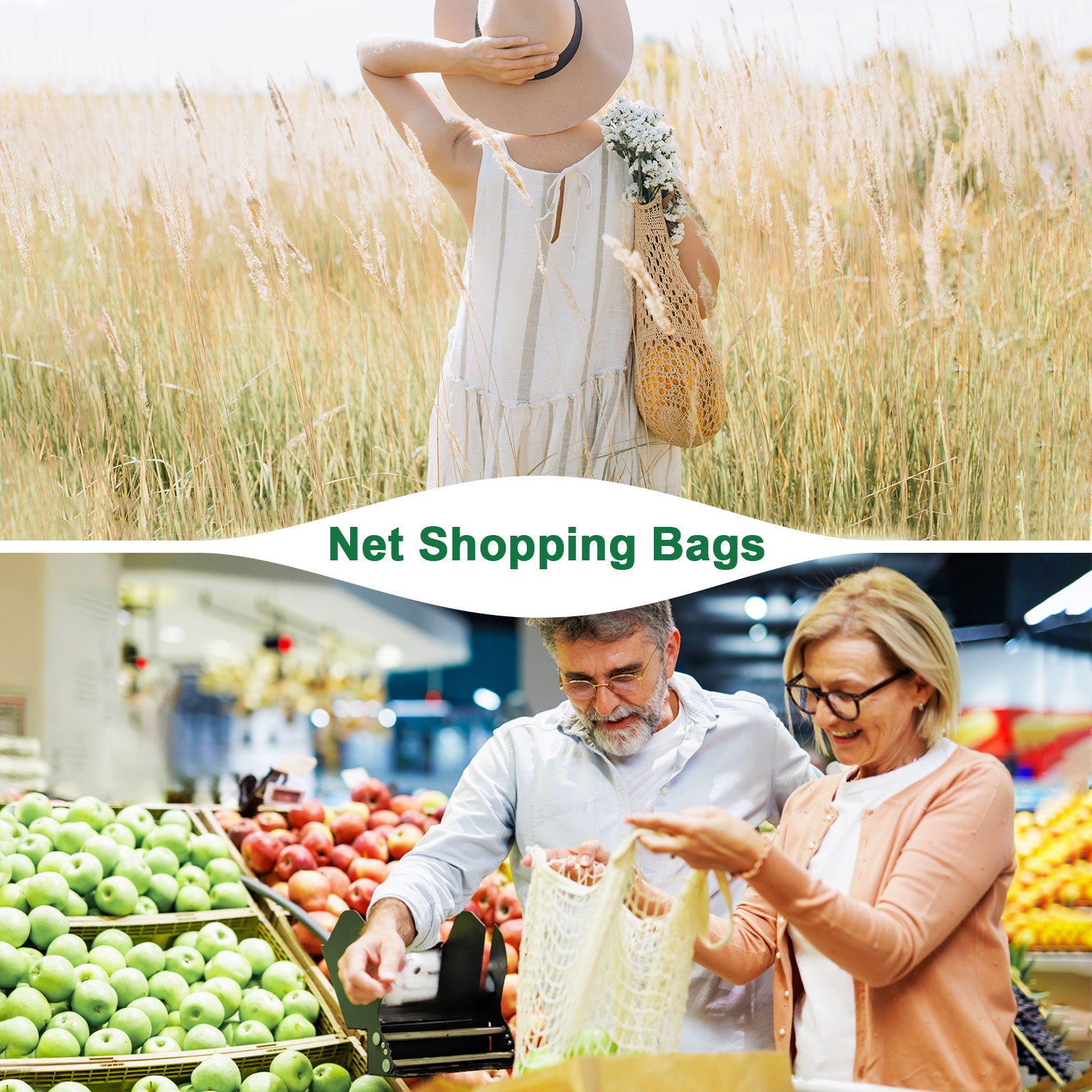 2-Pack Reusable Mesh Net String Grocery Bags [Rose Red,Long&Short Handle]