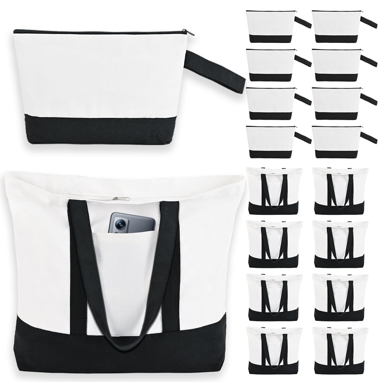 16 Pcs Canvas Tote Bags Bulk and Makeup Pouches Set, 12oz Cotton Reusable Zip…
