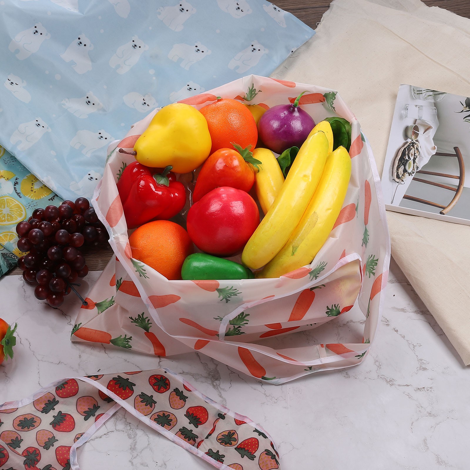 Reusable Grocery Bags Printed Washable Shopping Totes Carrot
