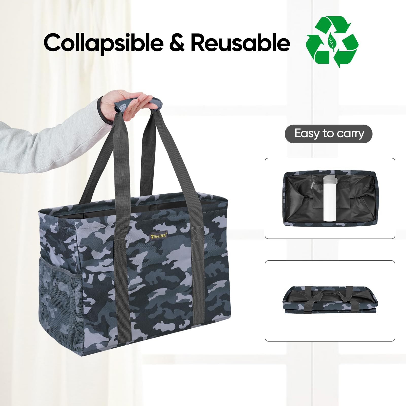 Extra Large Utility Tote Bag with Reinforced Wire Frame, Reusable Grocery Bag…