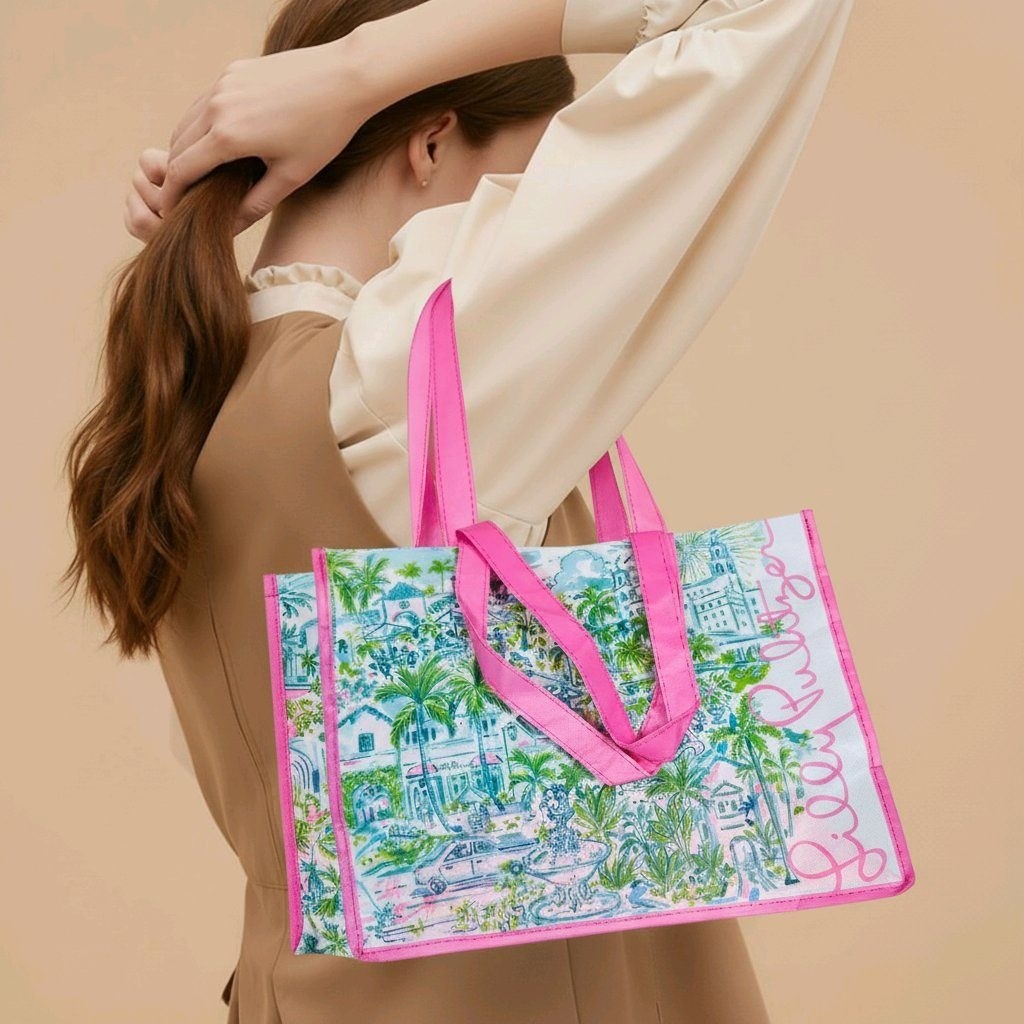 Lilly Pulitzer Reusable Shopping Tote Bag Pink Tropical Cityscape Print Large