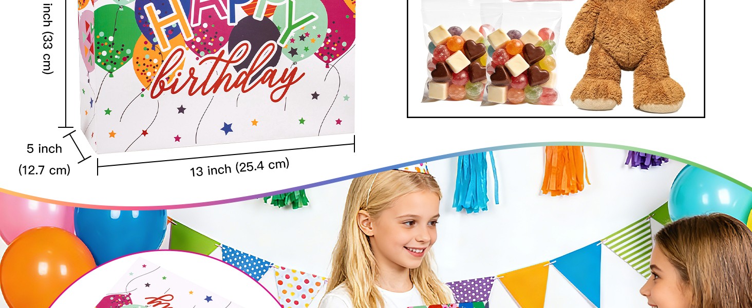 13″ Large Birthday Bag with Card and Tissue Paper – Colorful Balloons and Happy