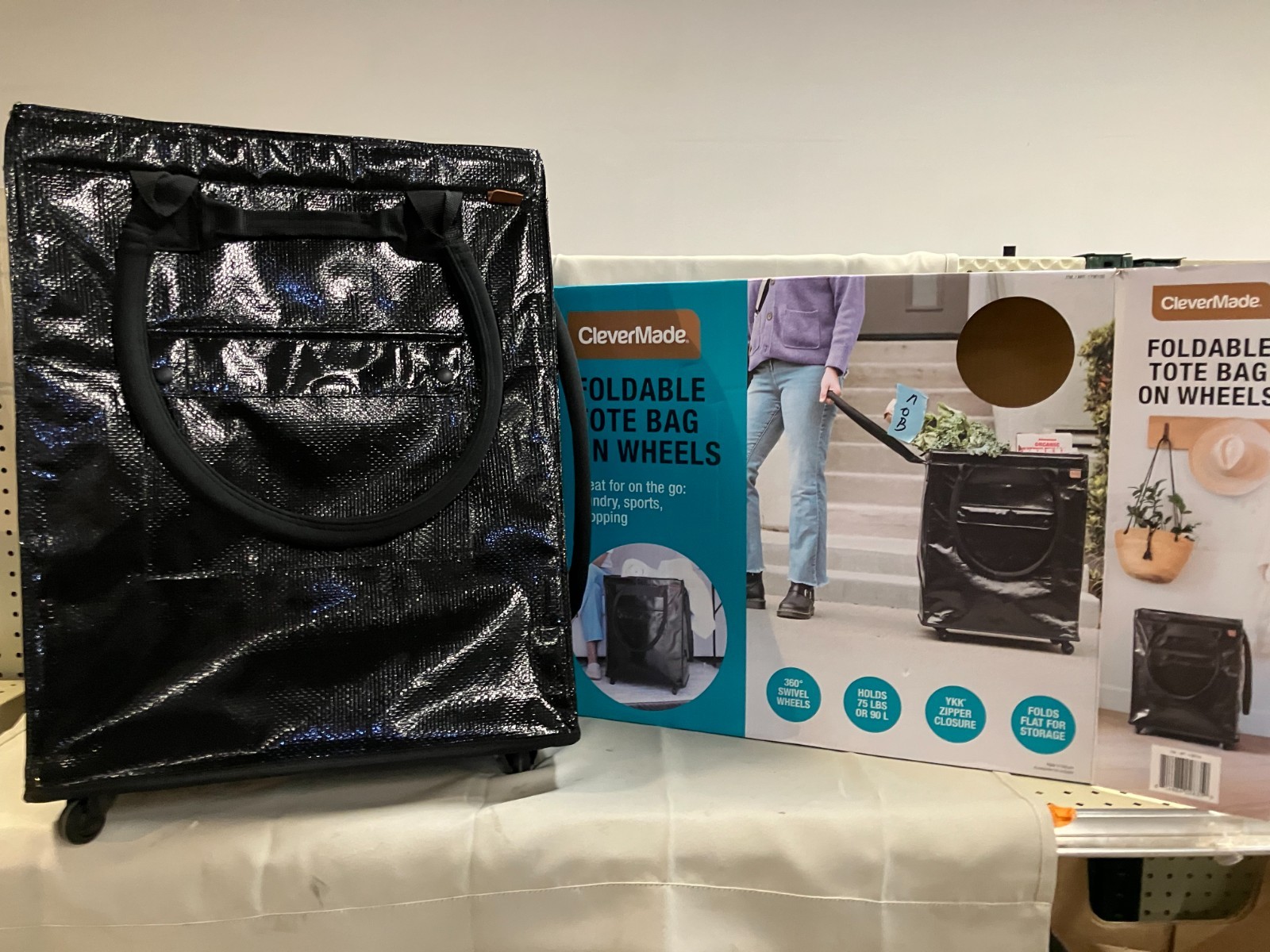 CleverMade Foldable Tote Bag on Wheels Soft Grip Black Capacity: 90L & 75 lbs.