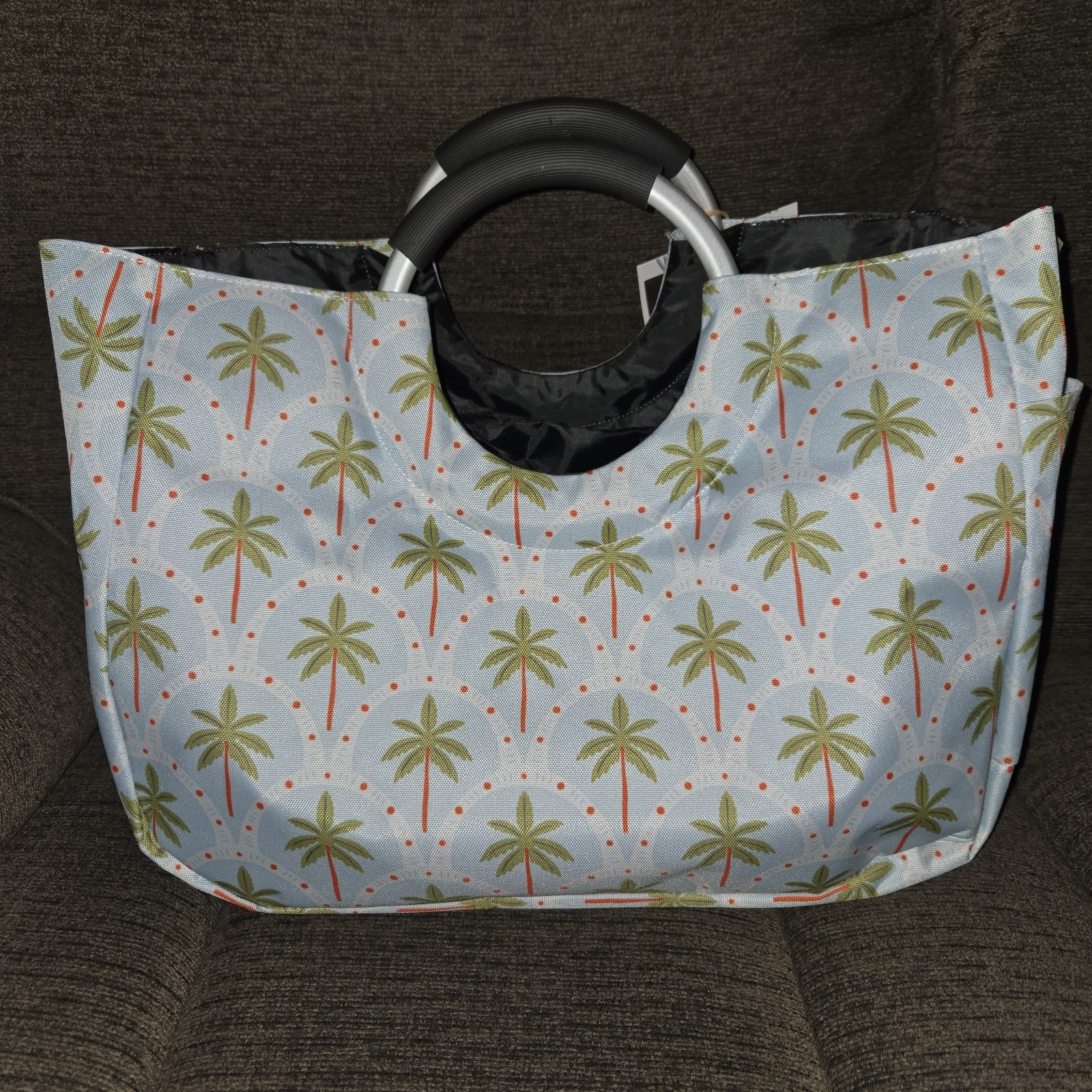 Living In Style City Tote Palm Trees Blue Canvas Type Bag Large NEW
