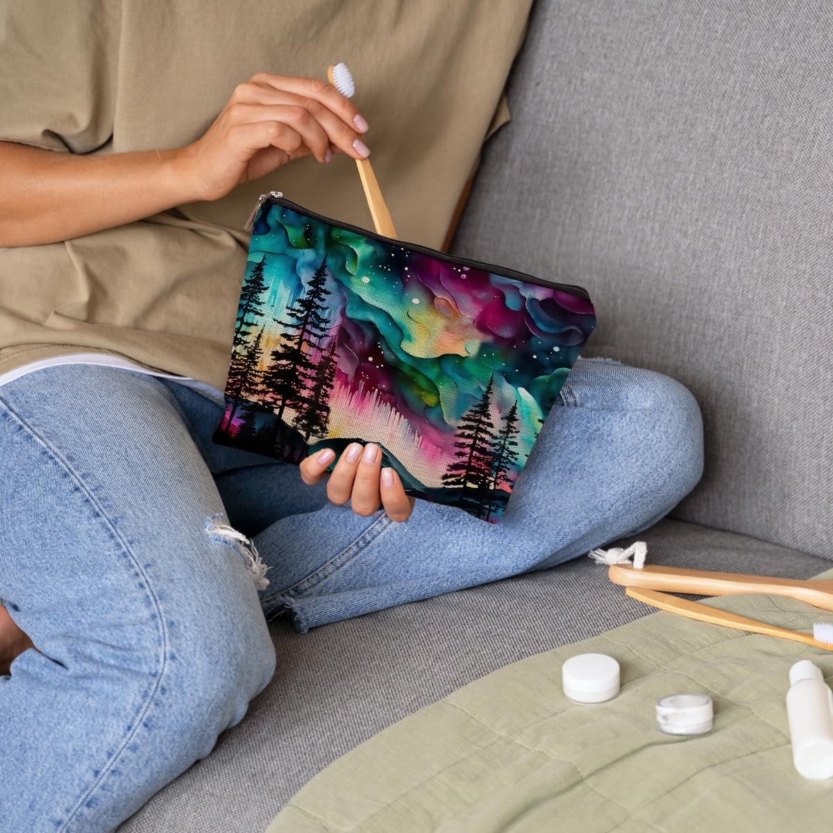 uinwk Northern Lights Makeup Bag for Women, Aesthetic Bag, Multicolor