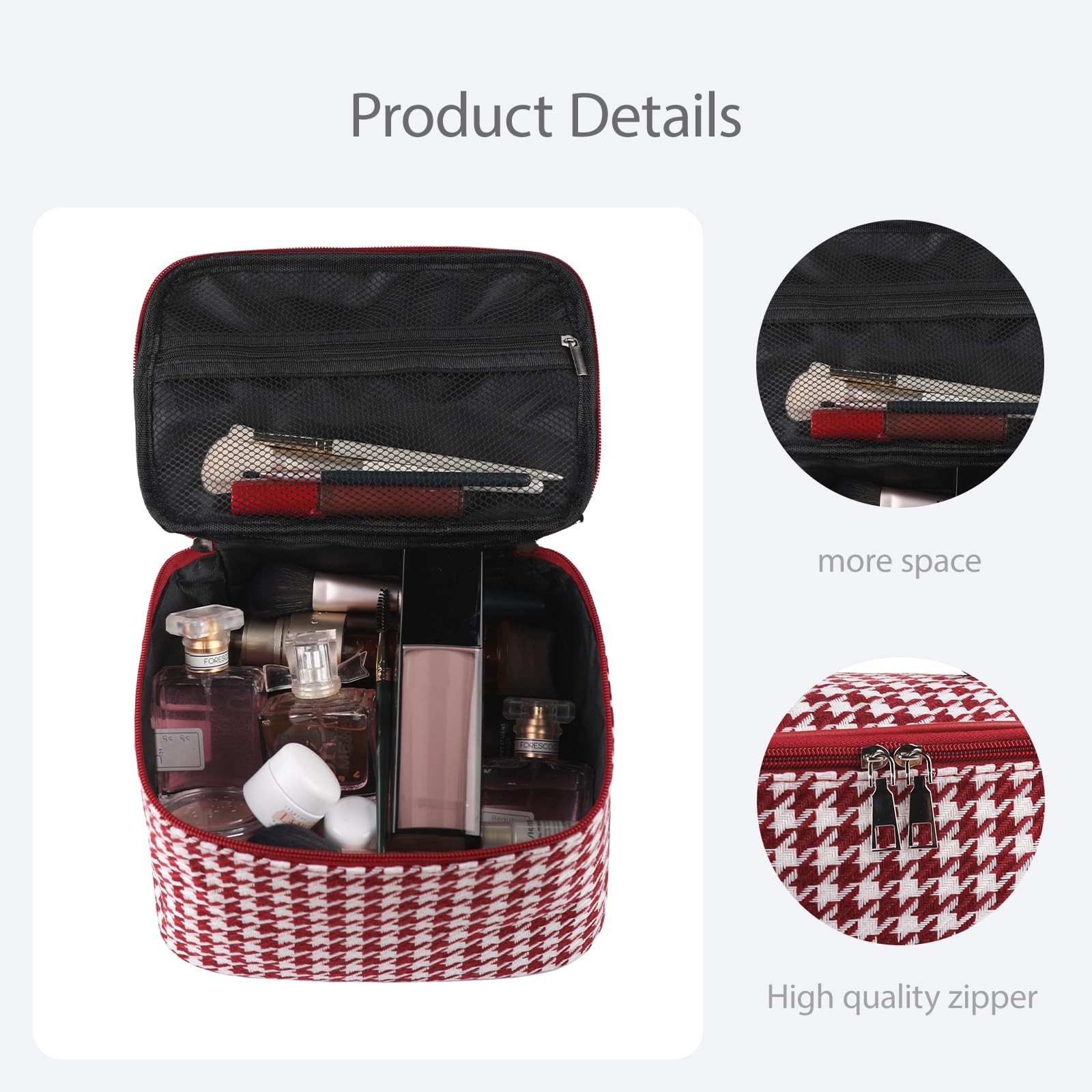 lllyan Travel Makeup Bag,Large Capacity Cosmetic Bags for Women Grid Wine Red