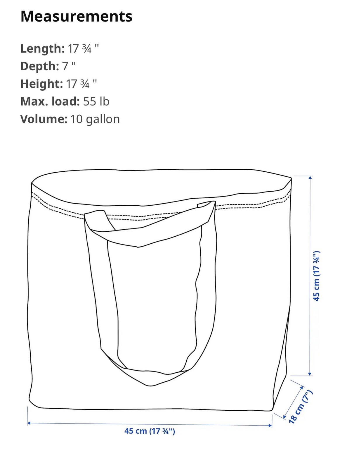 IKEA Medium Blue 17 ¾x7x17 ¾ “/10 Gallon Reusable Shopping Tote Carrier Bag