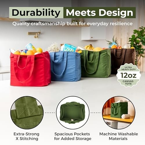 Canvas Grocery Bags Set of 3 Heavy Duty Reusable 80lbs Capacity Shoulder Strap