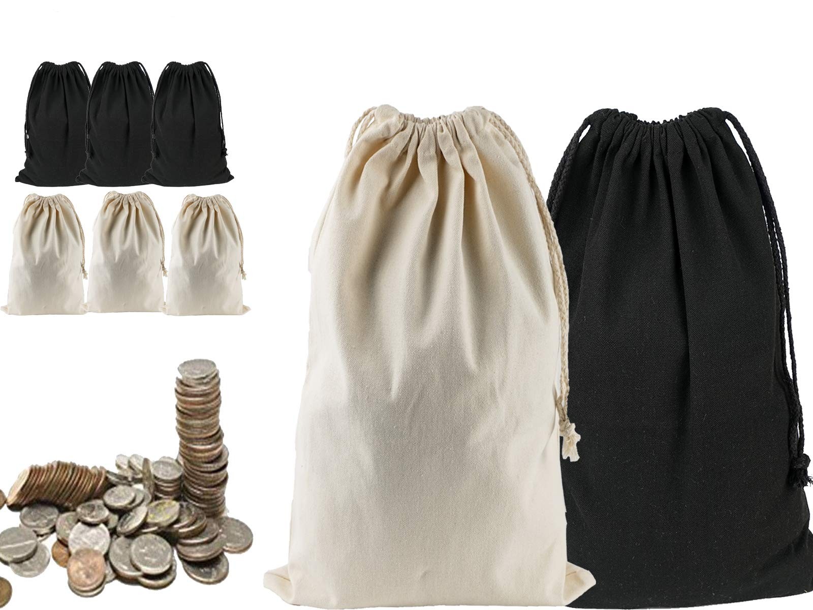 Lanyani 6 Packs Bank Coin Money Cash Bag Sacks, 12″ x Large, Natural+black