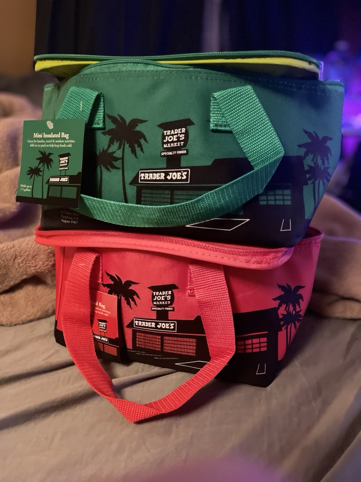Trader Joe’s Mini Insulated Tote bag – New set of 2 GREEN AND RED -Ready To Ship