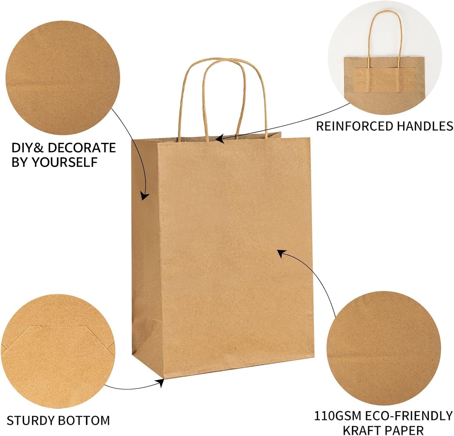 Brown Paper Bags with Handles in Bulk, 50pcs Kraft Paper Bags 8×4.5×10.8 inch,