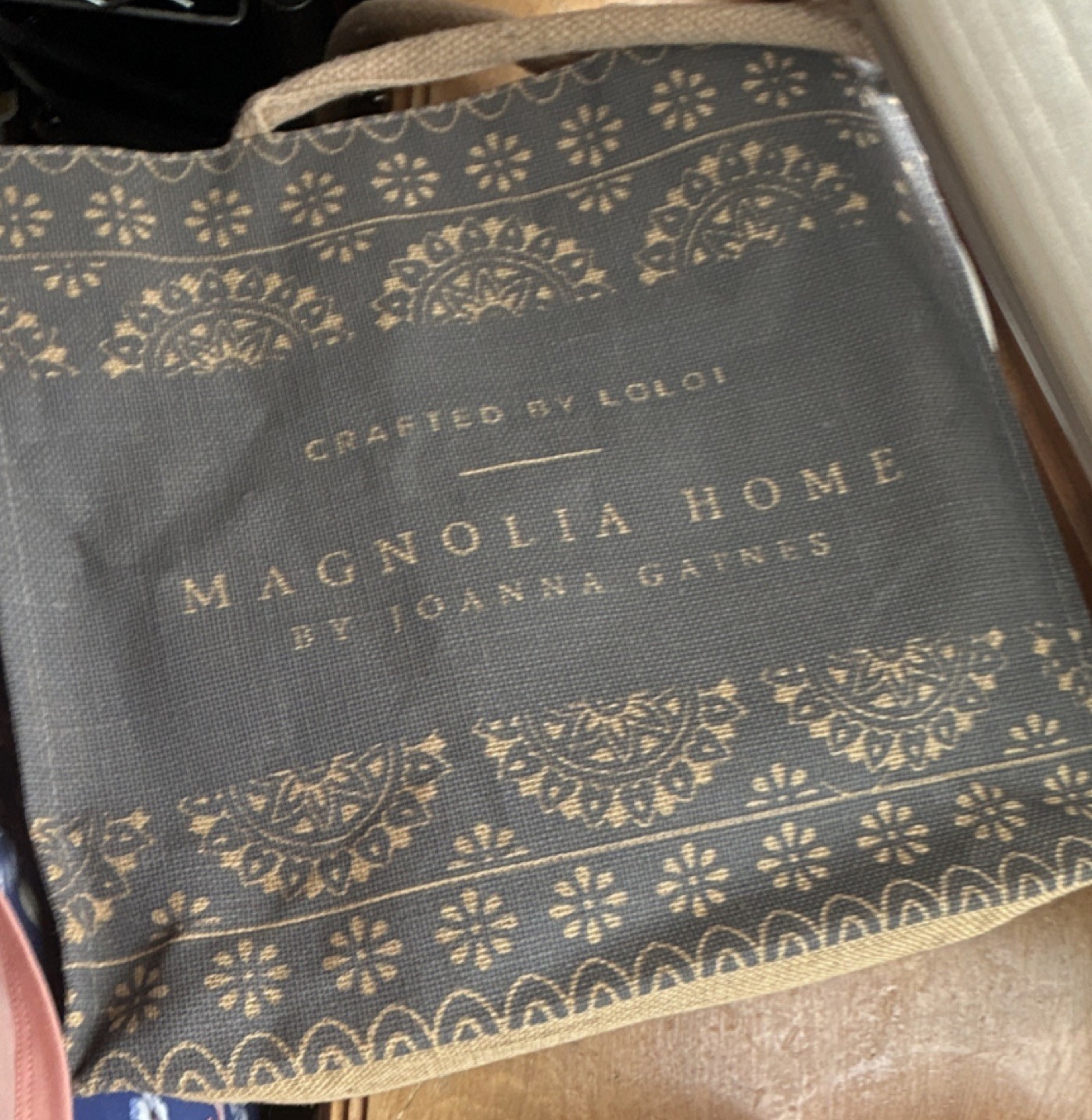 Magnolia Home Burlap Reusable Shopping Bag Foldable Brown Beige Contemporary