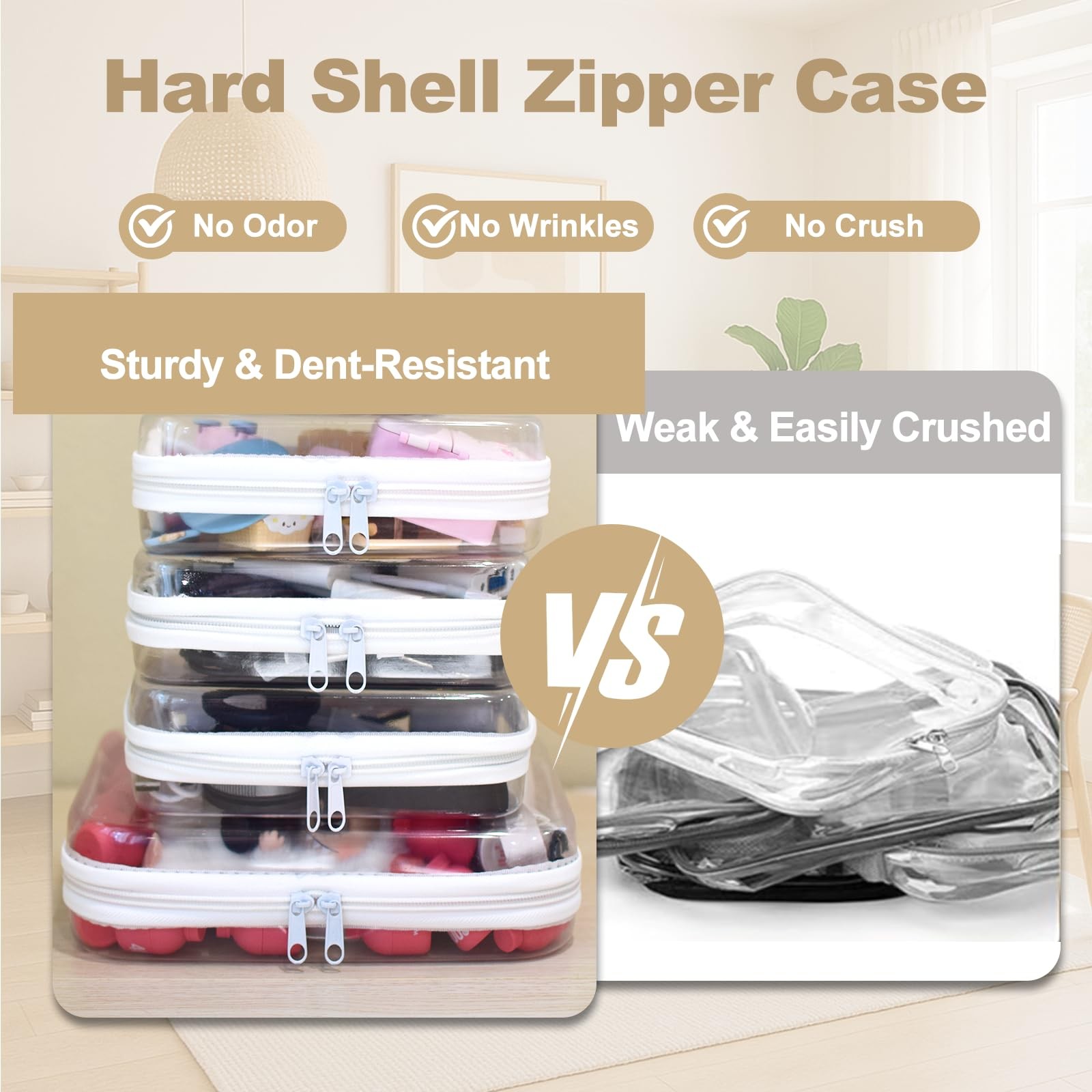 WELPIRT 4 pcs Clear Zipper Pouches,Hard Shell Case, M+3S, White