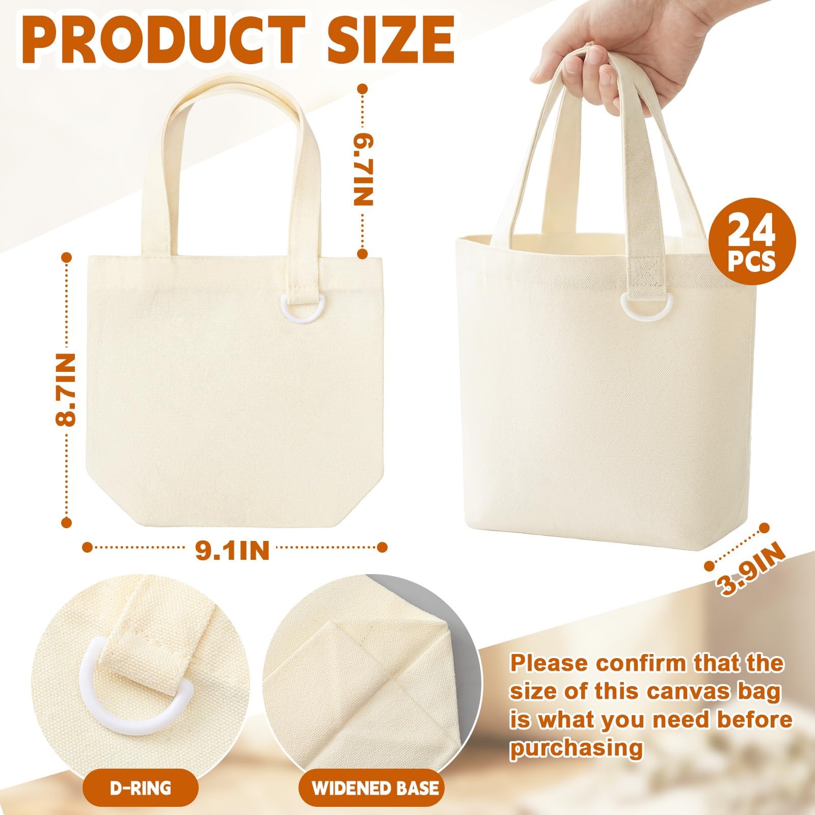 24 Pack Canvas Tote Bags with D-ring, 9 x 8 x 4 Inch Mini Small Blank Sublima…