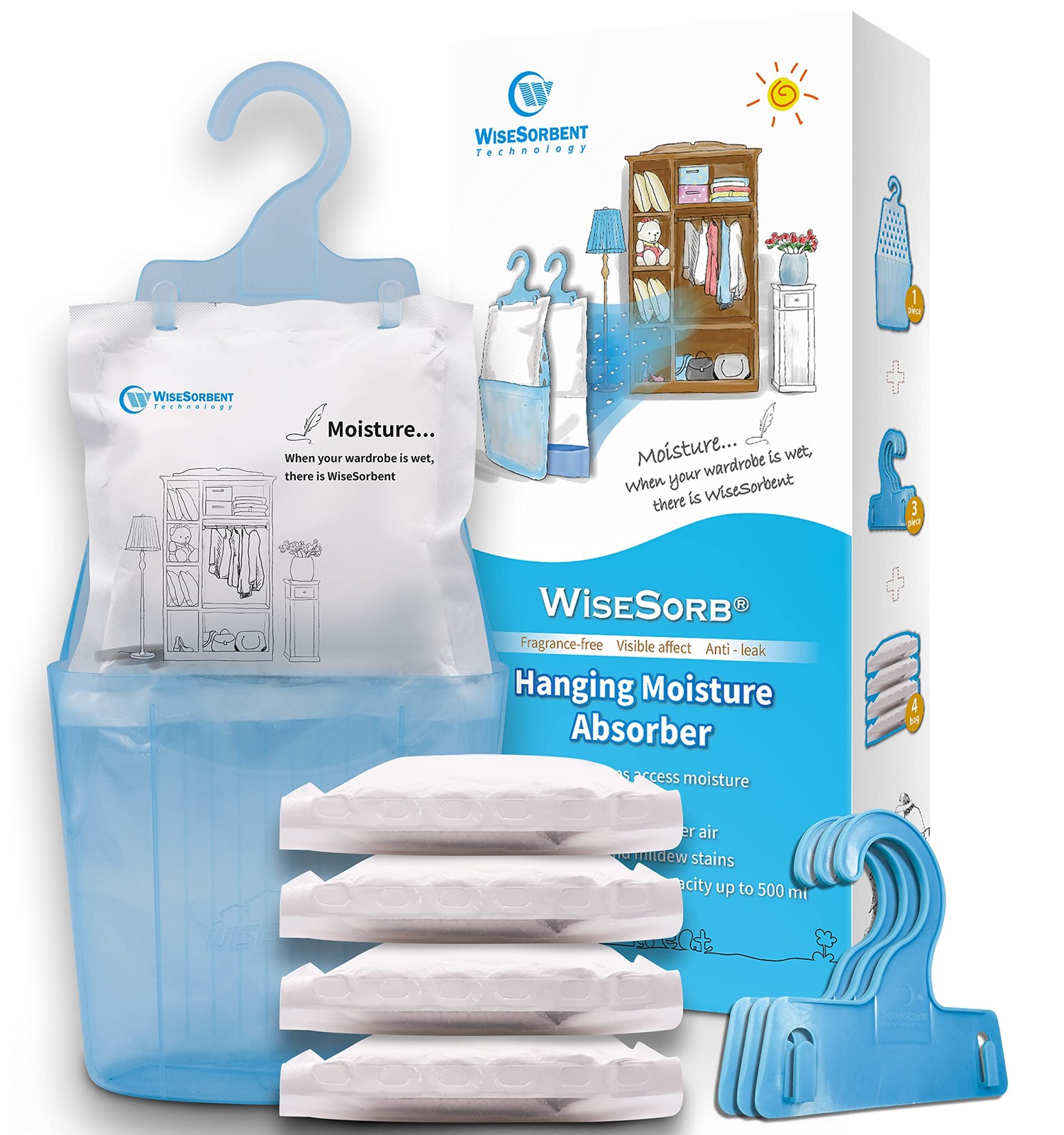 Wisesorb Moisture Absorber Packets with Plastic Case & 4 Piece Set, Blue