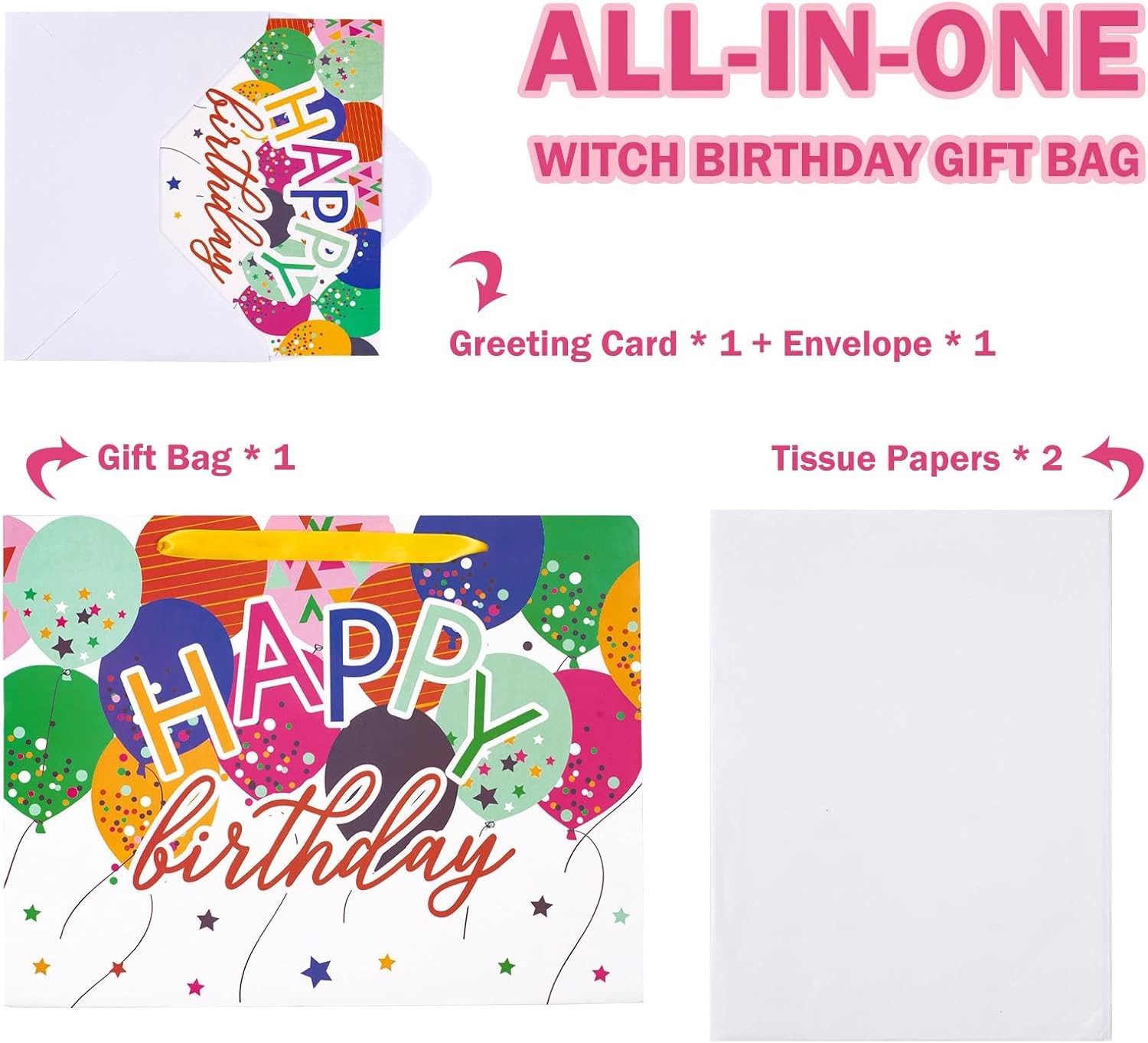 13″ Large Birthday Bag with Card and Tissue Paper – Colorful Balloons and Happy