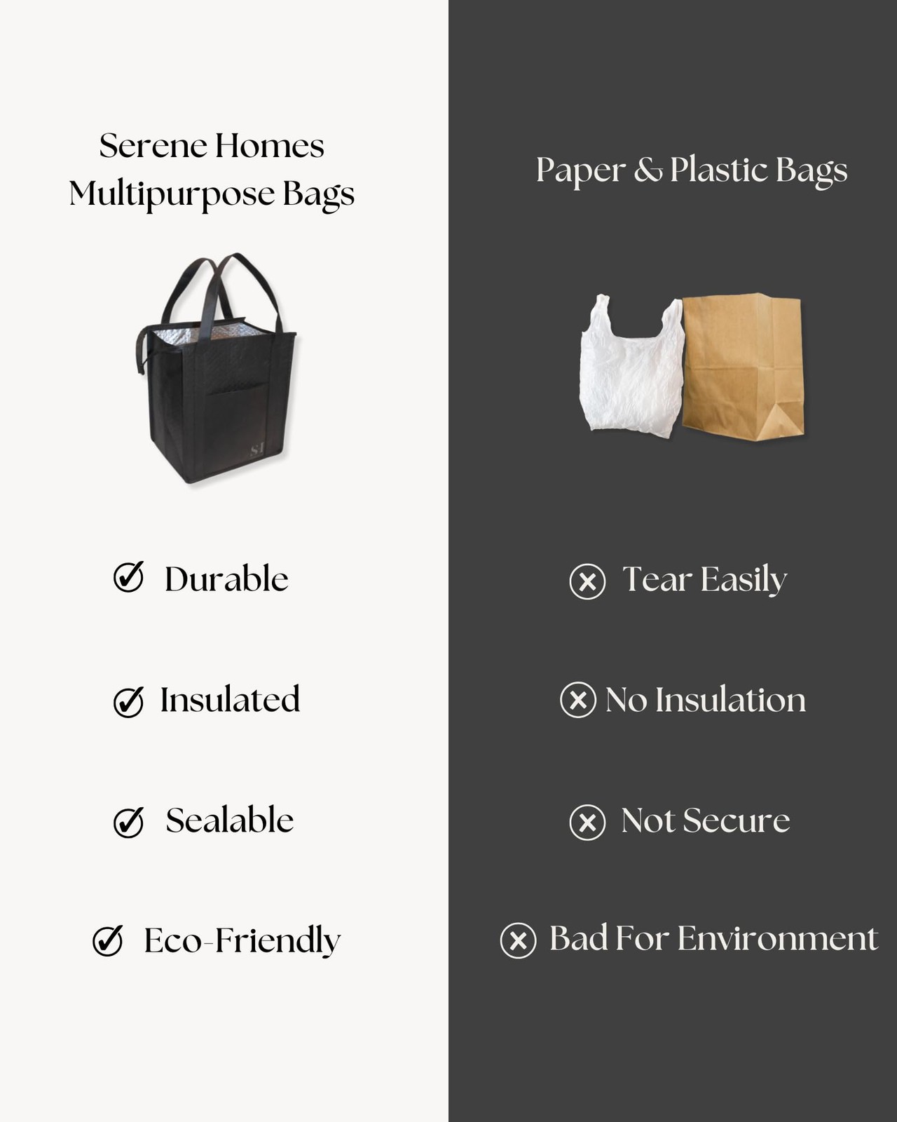 Black Insulated Grocery Bags, 4 Pack Reusable Shopping Bags with Zippered Top