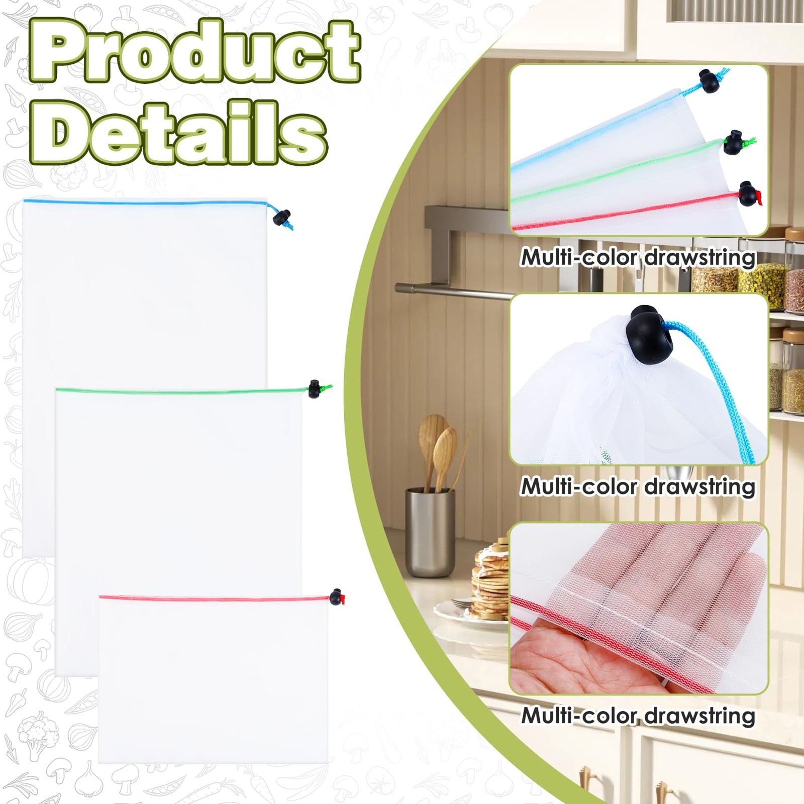 PUREZON 20 Pack Produce Bags, Reusable Mesh Bags 11.8″x16.53″, White