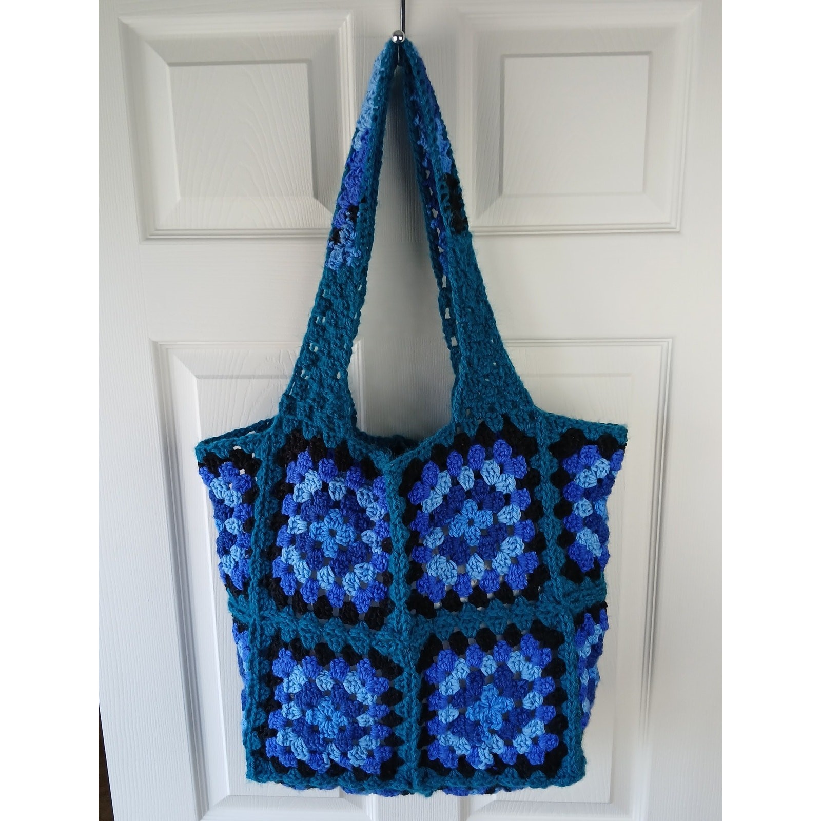 Granny Square Tote Bag Beach Bag reusable grocery sack blue teal black handmade