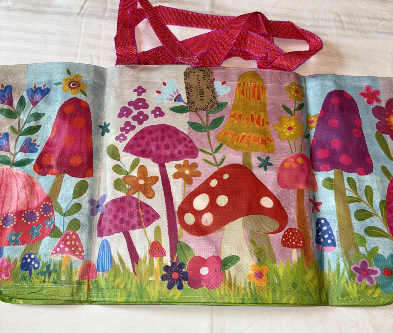 NATURAL LIFE Mushrooms Flowers Colors Boho XL Reusable Tote Bag Live Happy NWT