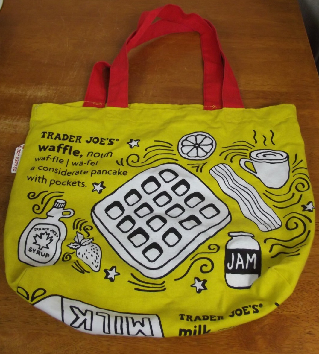 Trader Joe’s USA MADE Reusable Shopping Bag Breakfast Waffle Toast Milk Yellow