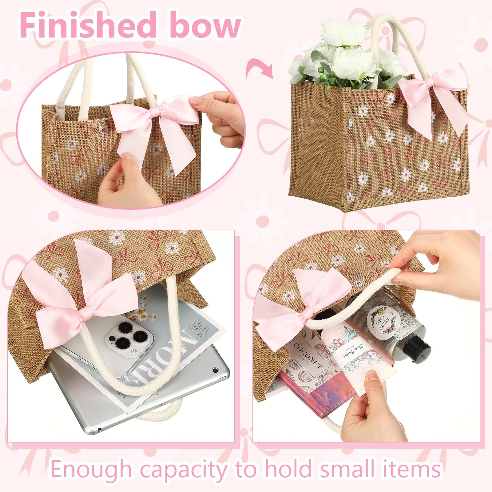 12 Pcs Mini Burlap Tote Bags Daisy Flower Pink Bow Ribbon Party Favor 9x6in
