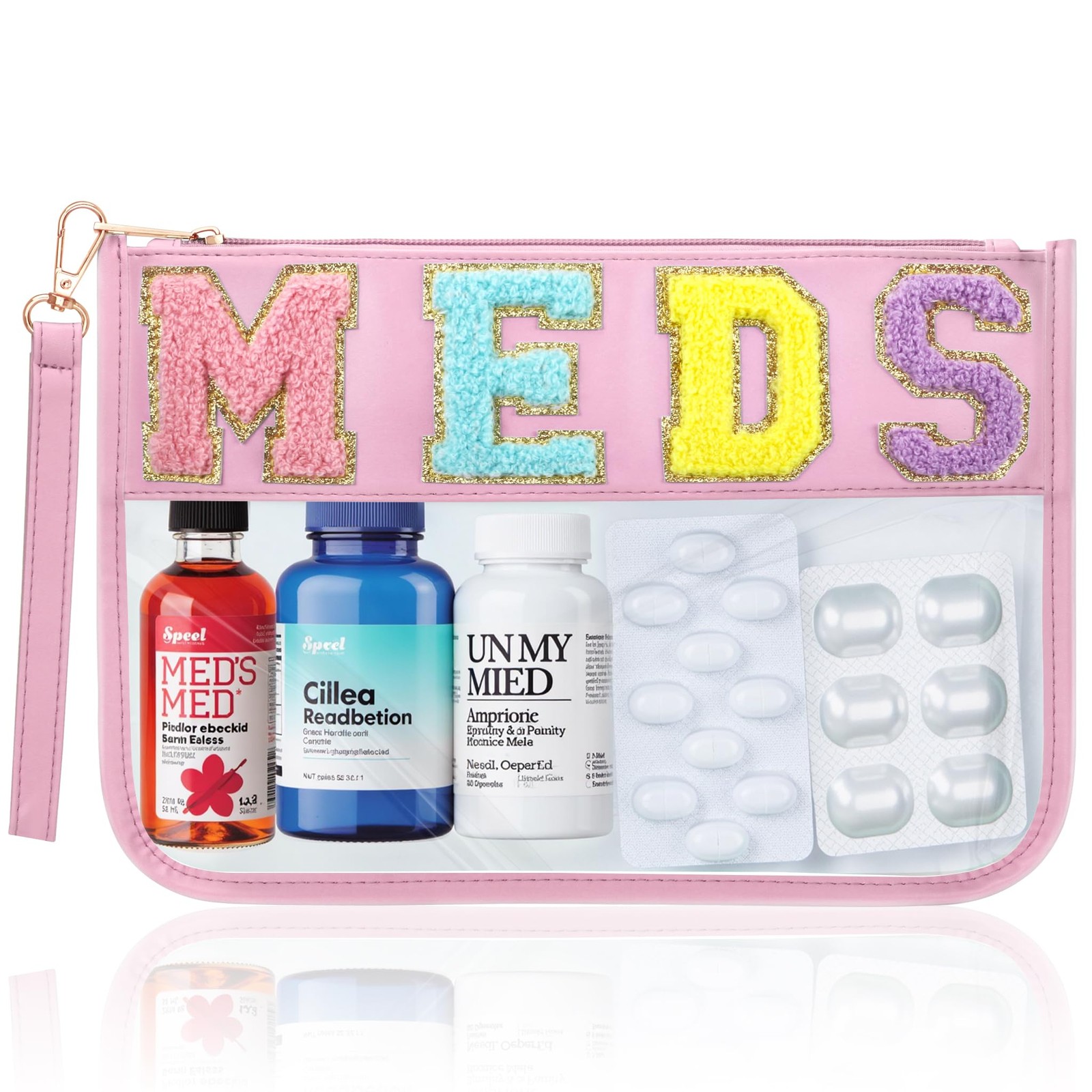 BuyCard Chenille Letter Clear Medicine Bags, Makeup Meds Pink-Meds