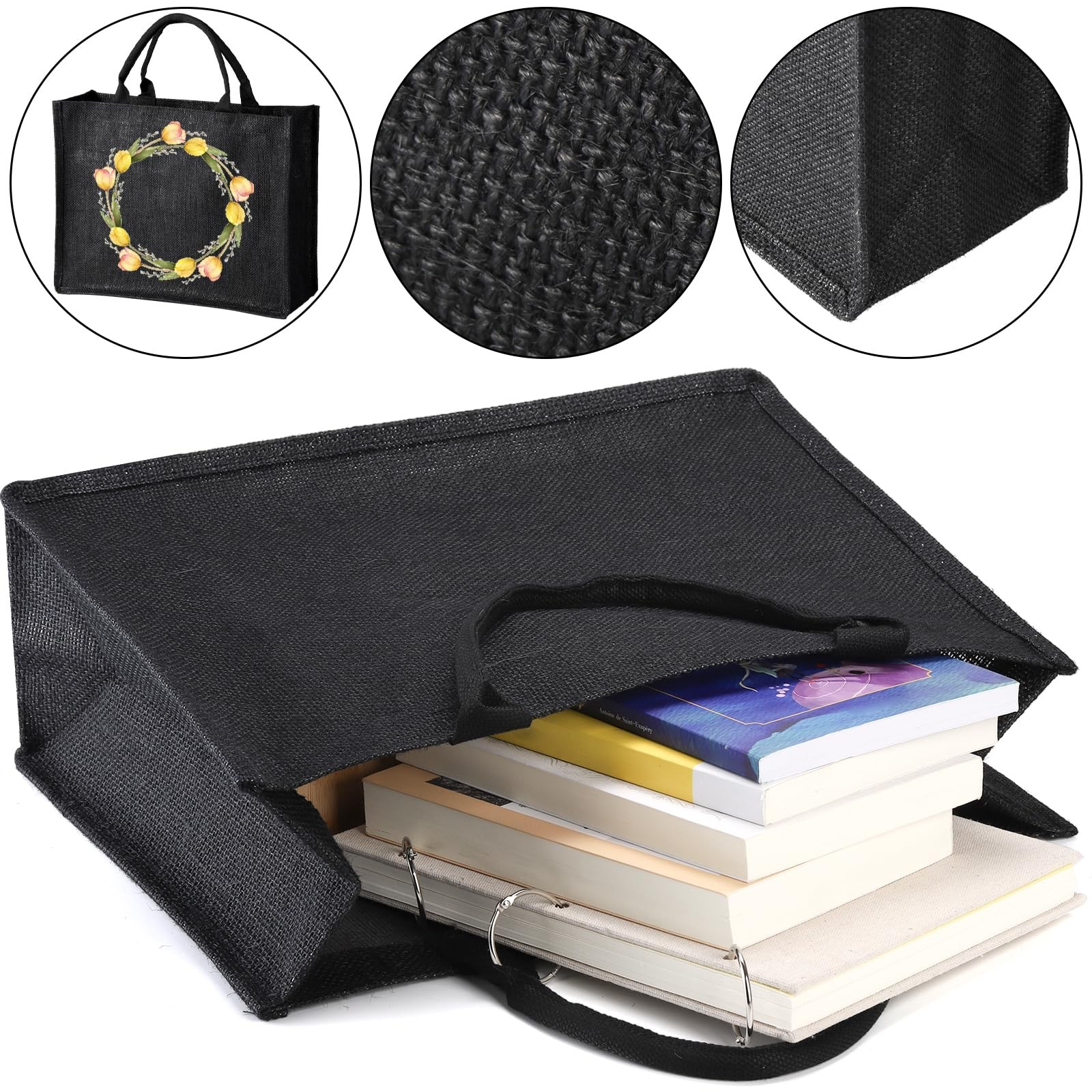6 PCS Large Jute Burlap Tote Bag Black Laminated Interior 15.4×12.2×5.9 In
