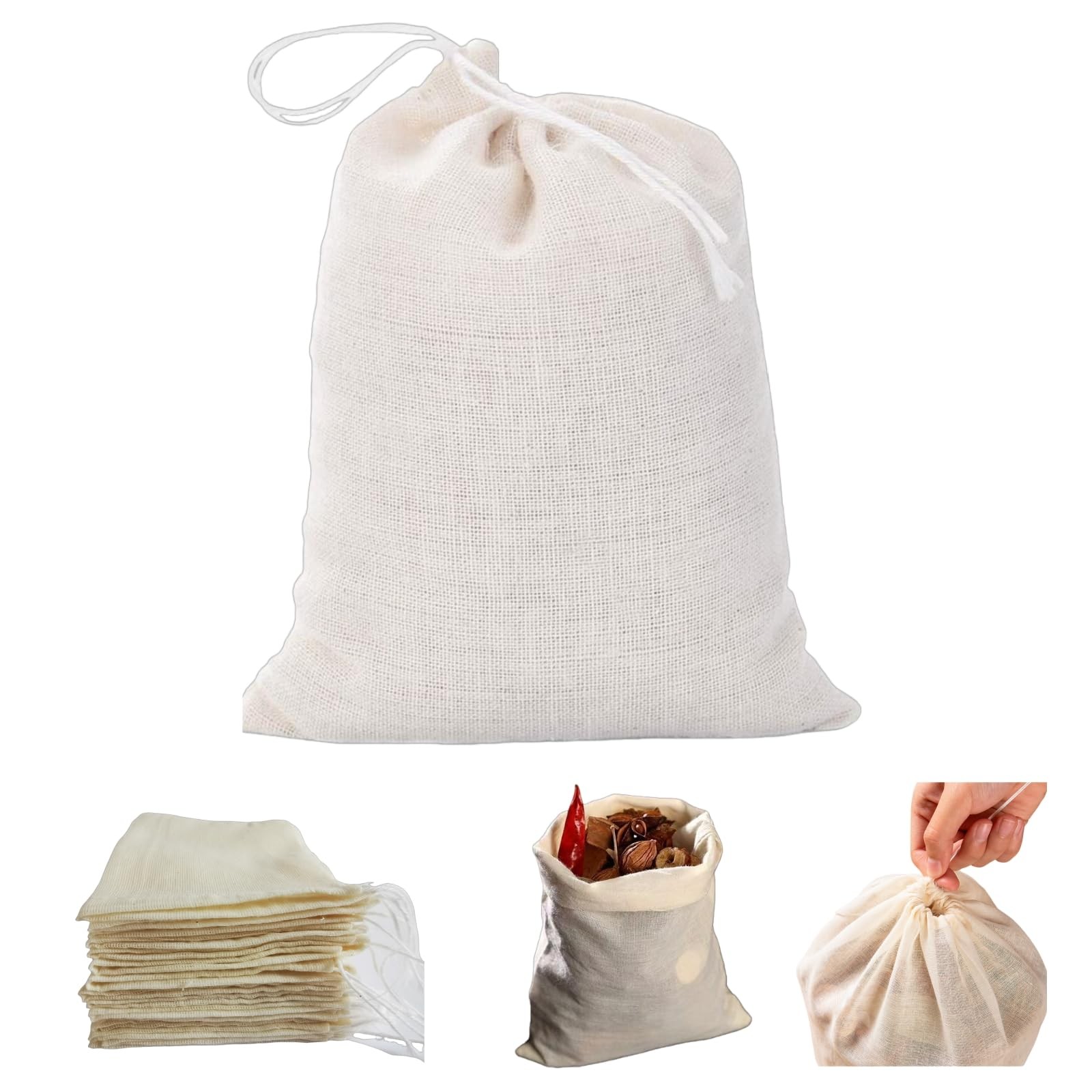 [50-Pack Natural Unbleached] Cotton Muslin Drawstring 3×4″, Cream/Tan
