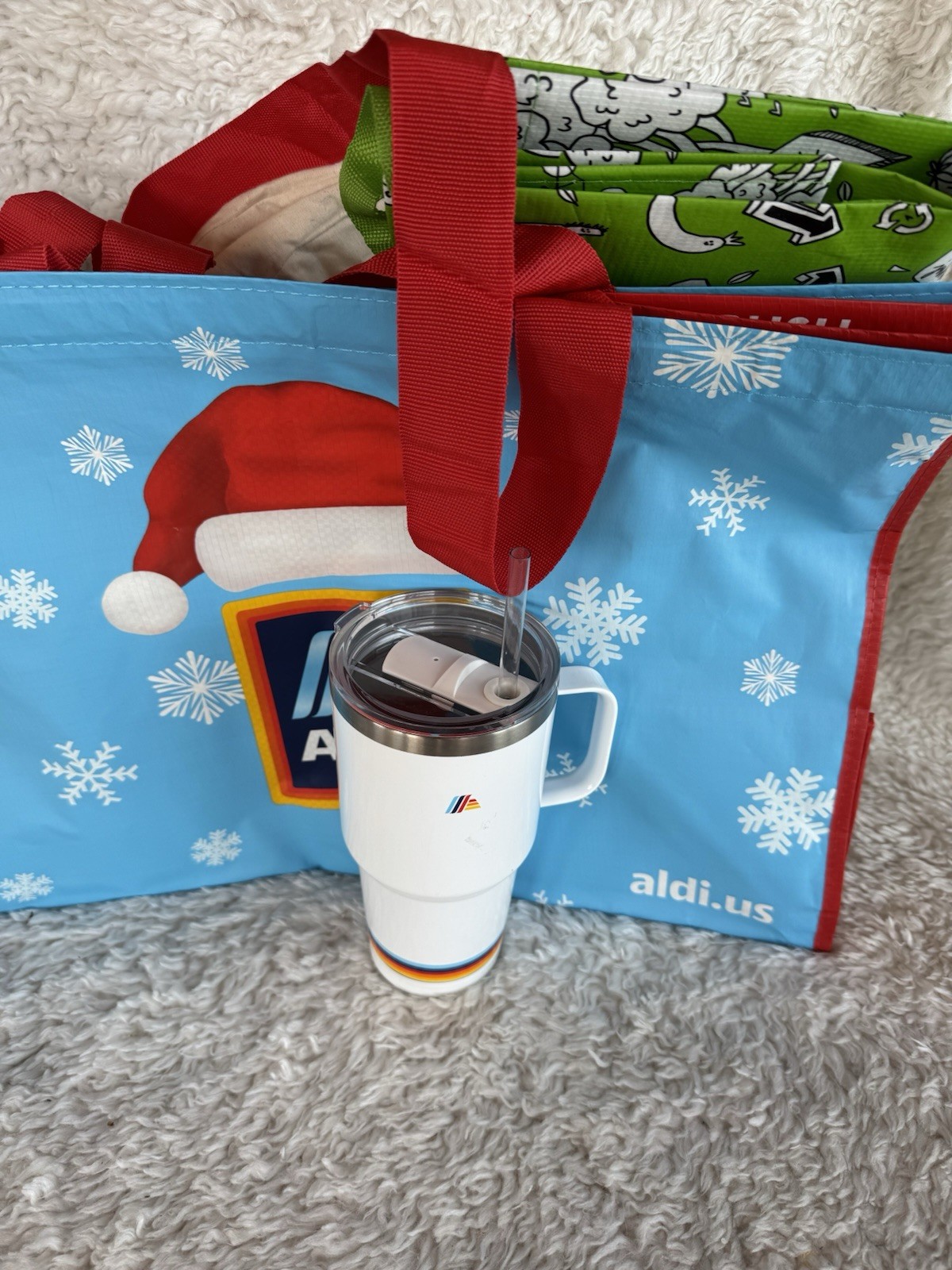 Aldi Reusable Shopping Bags AND Travel Tumbler Lot Of 4