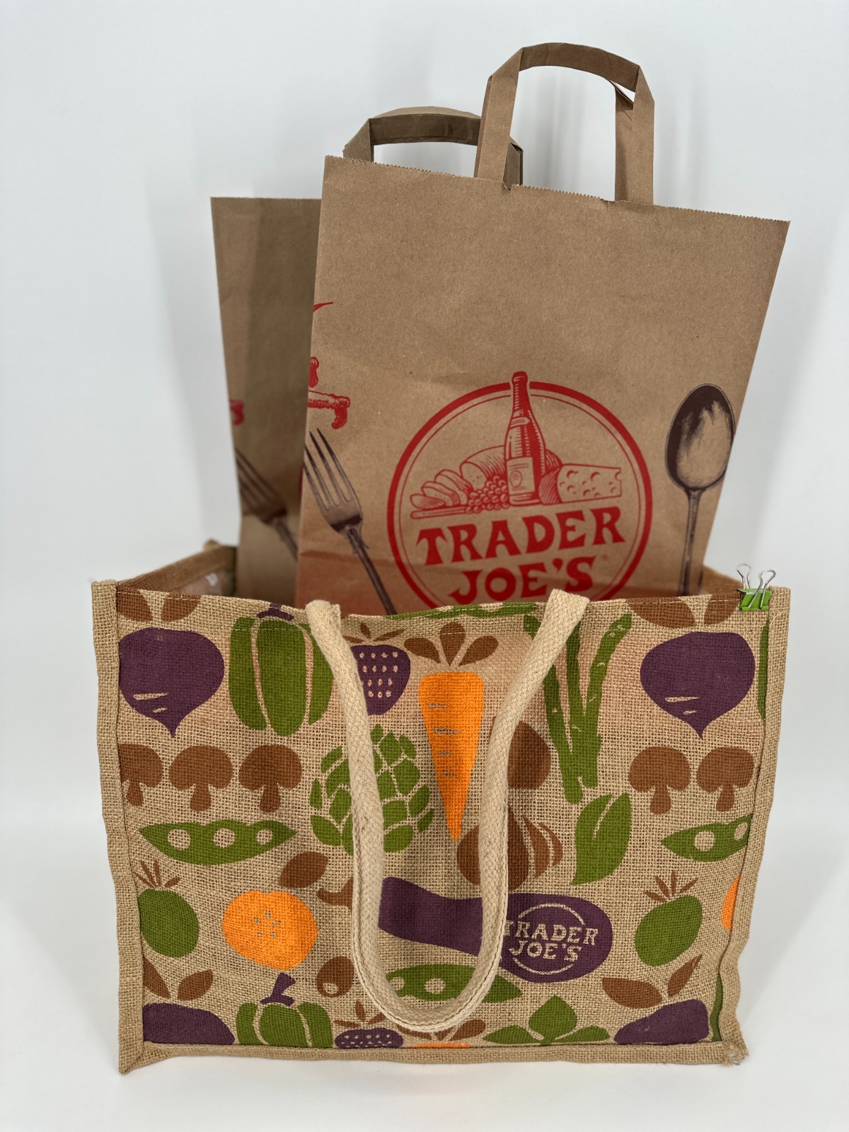 Trader Joe’s Reusable Burlap Shopping Bag Vegetables 16x12x8” 2 Paper Bags Set