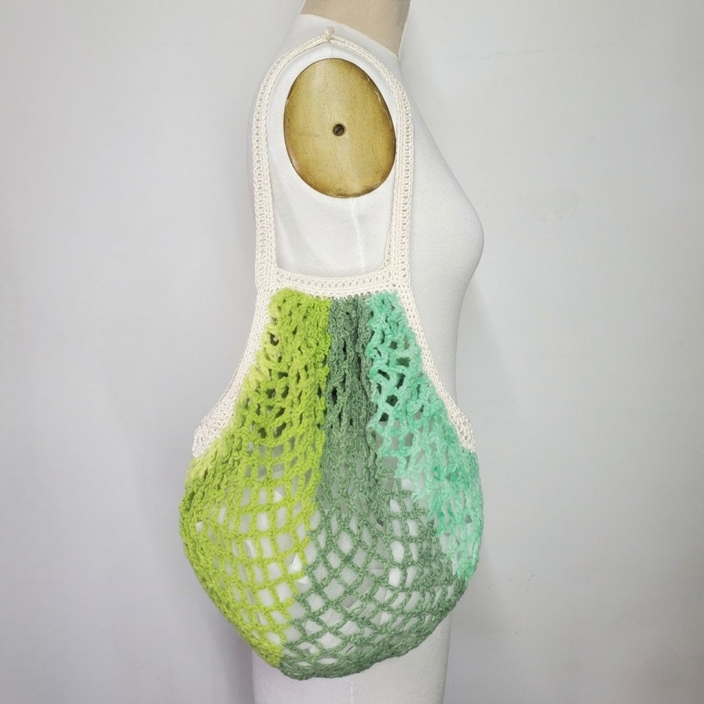 Farmers Market Bag Green Crochet French Net Sack Cotton Grocery Beach Handmade