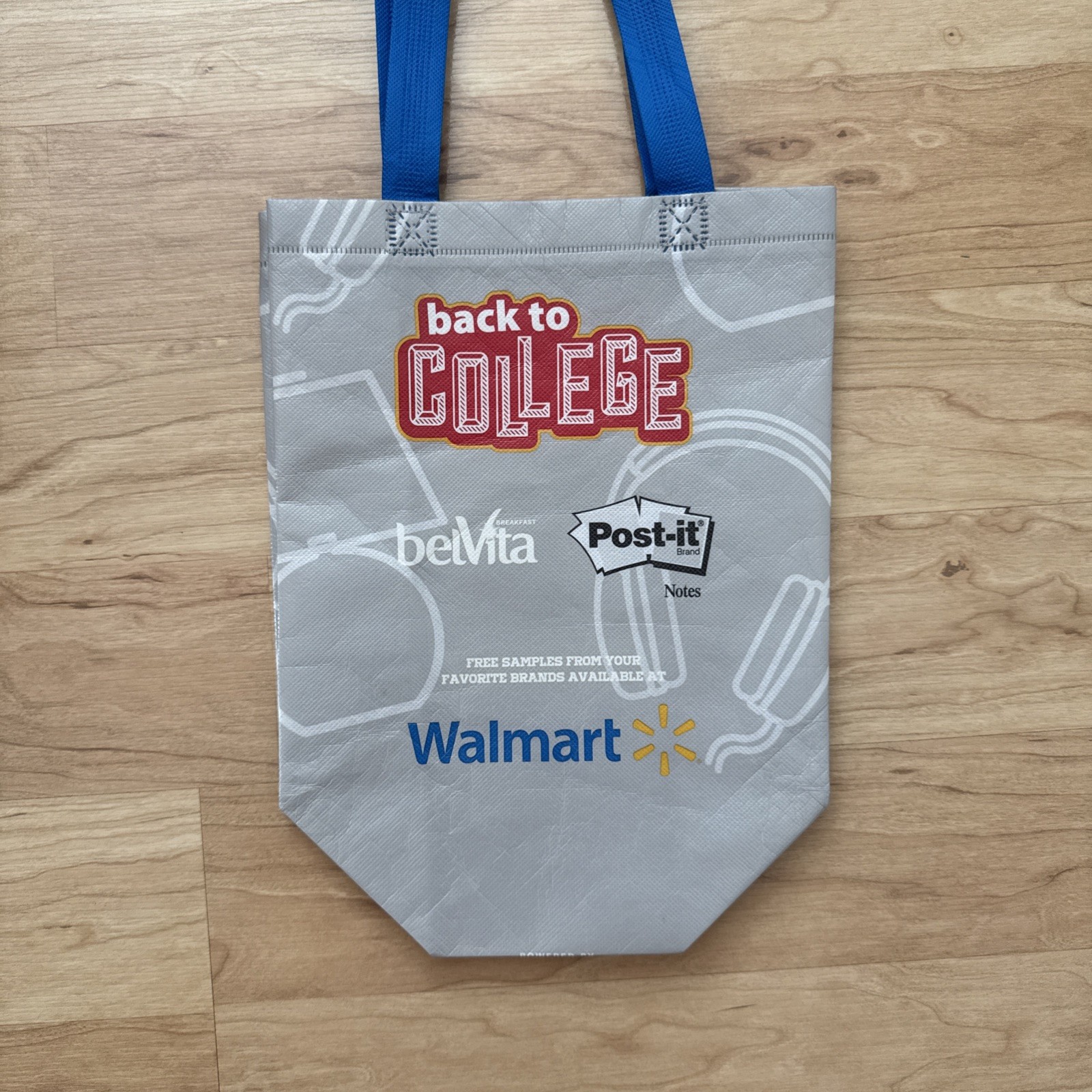 WALMART REUSABLE SHOPPING TOTE BAG 10x9x3” BACK TO COLLEGE GREY POST IT BELVITA