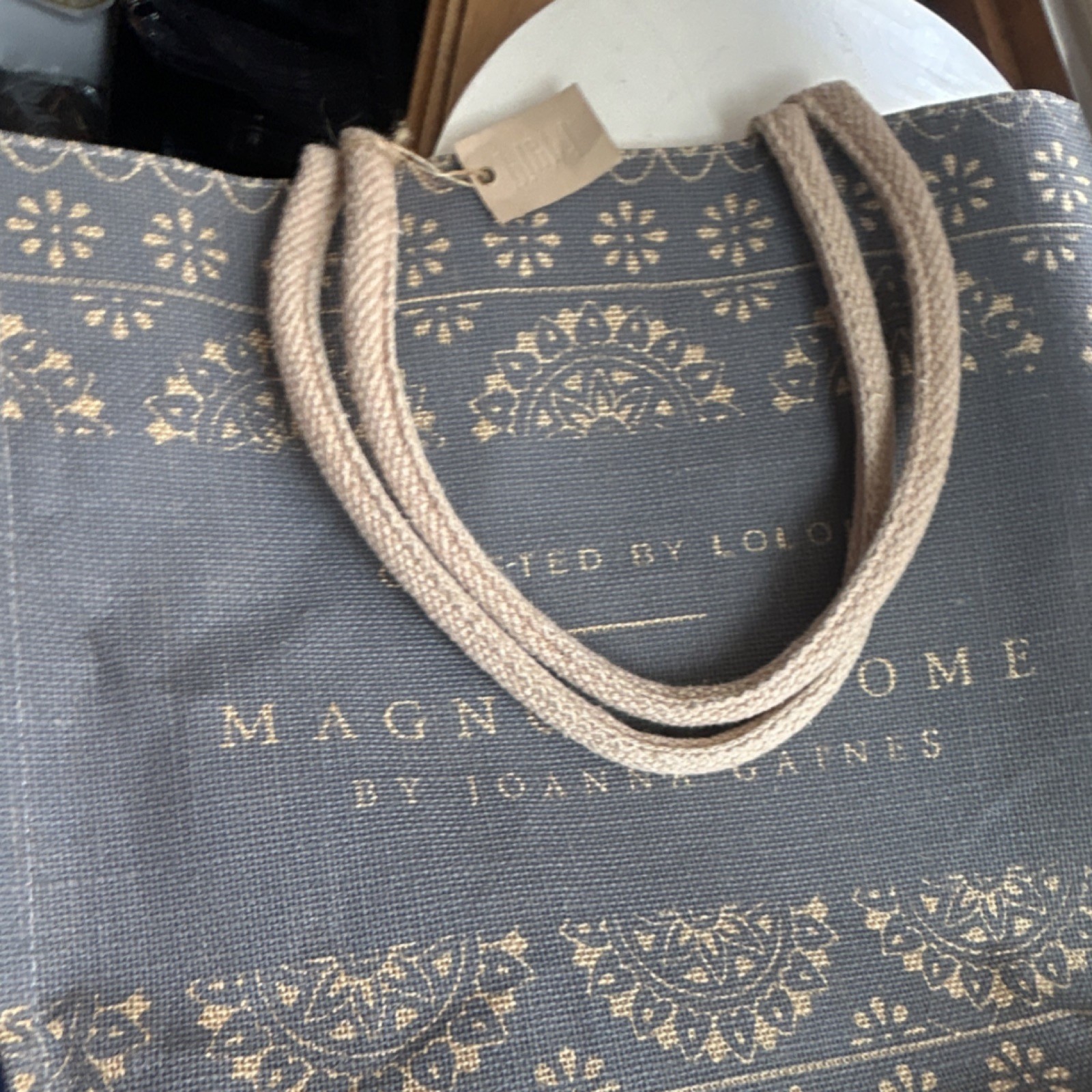 Magnolia Home Burlap Reusable Shopping Bag Foldable Brown Beige Contemporary