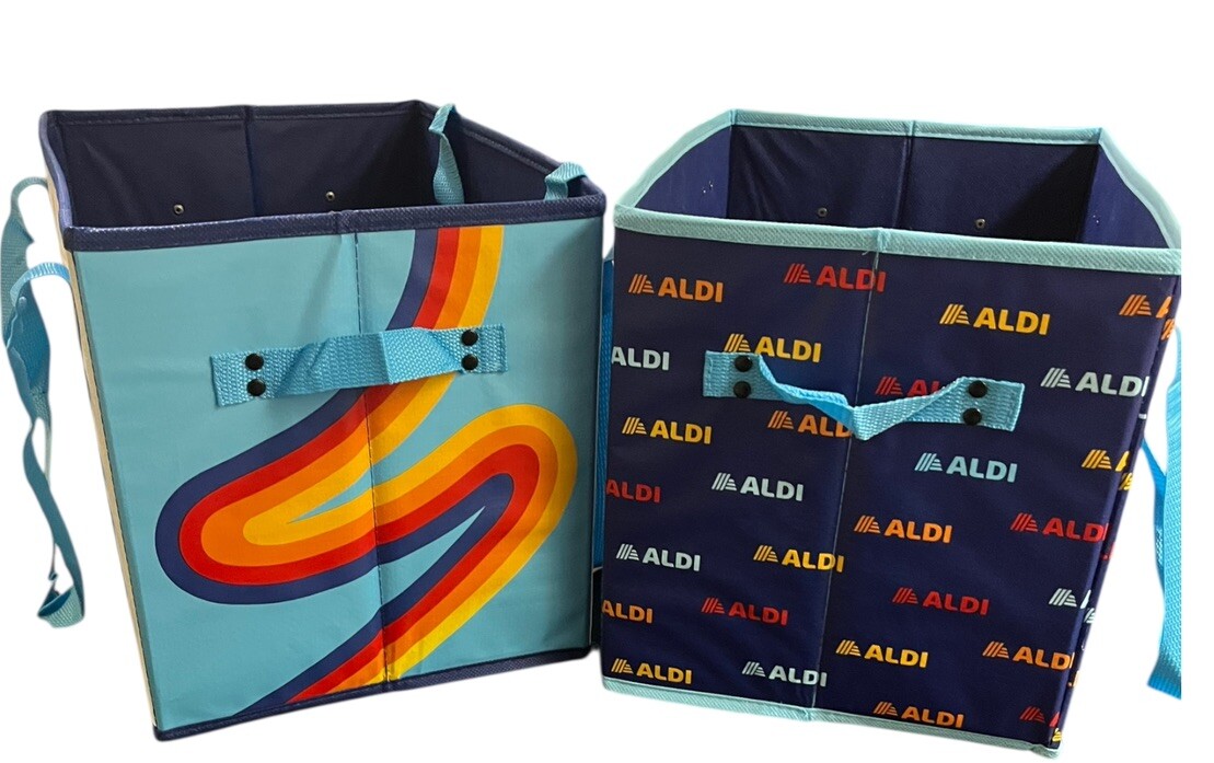 2 ALDI Collapsible Box Bags 14x11x10 Blue / White / Rainbow